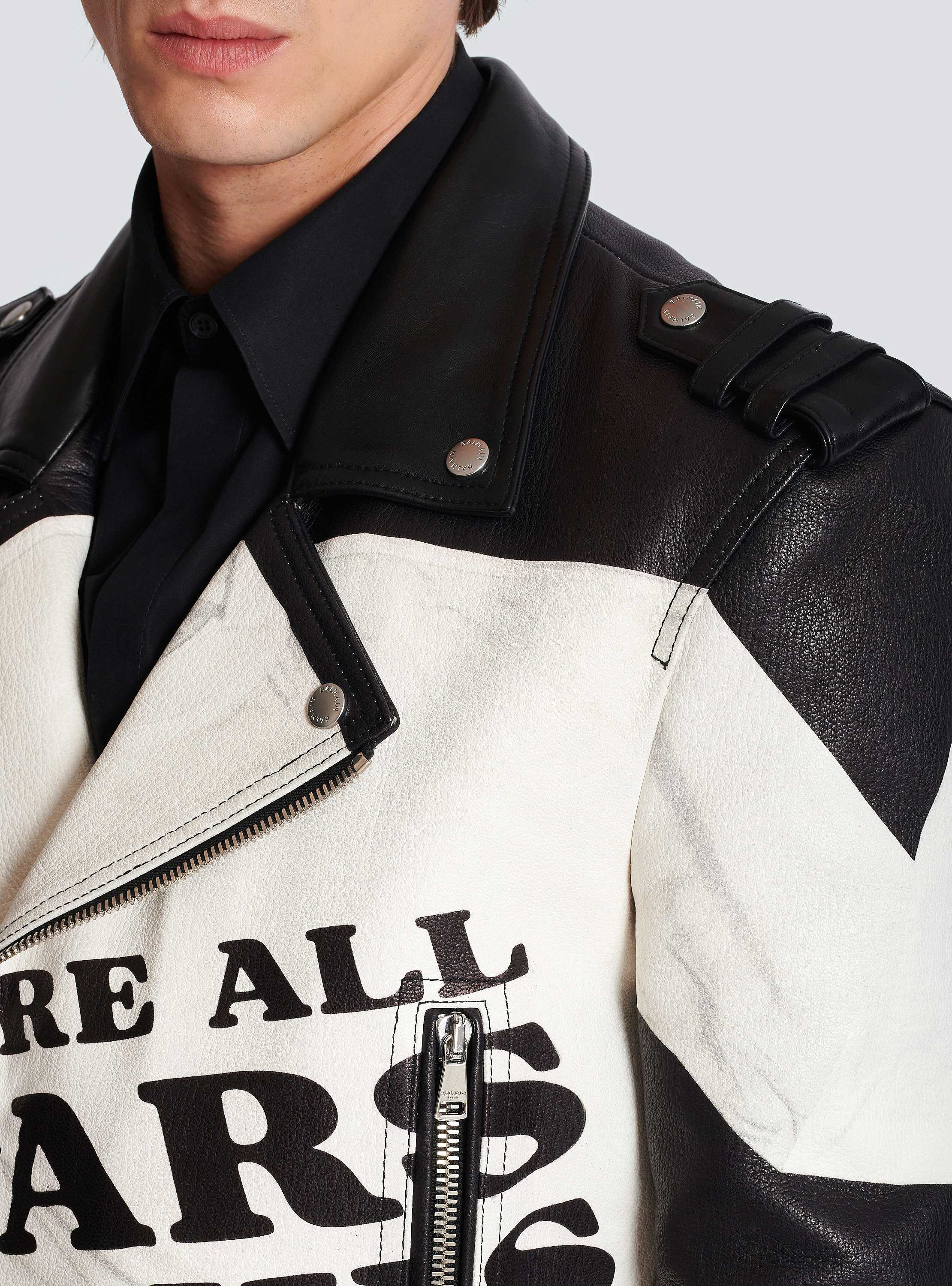 BALMAIN ライダースジャケット Leather biker jacket with trompe-l'œil T-shirt print black