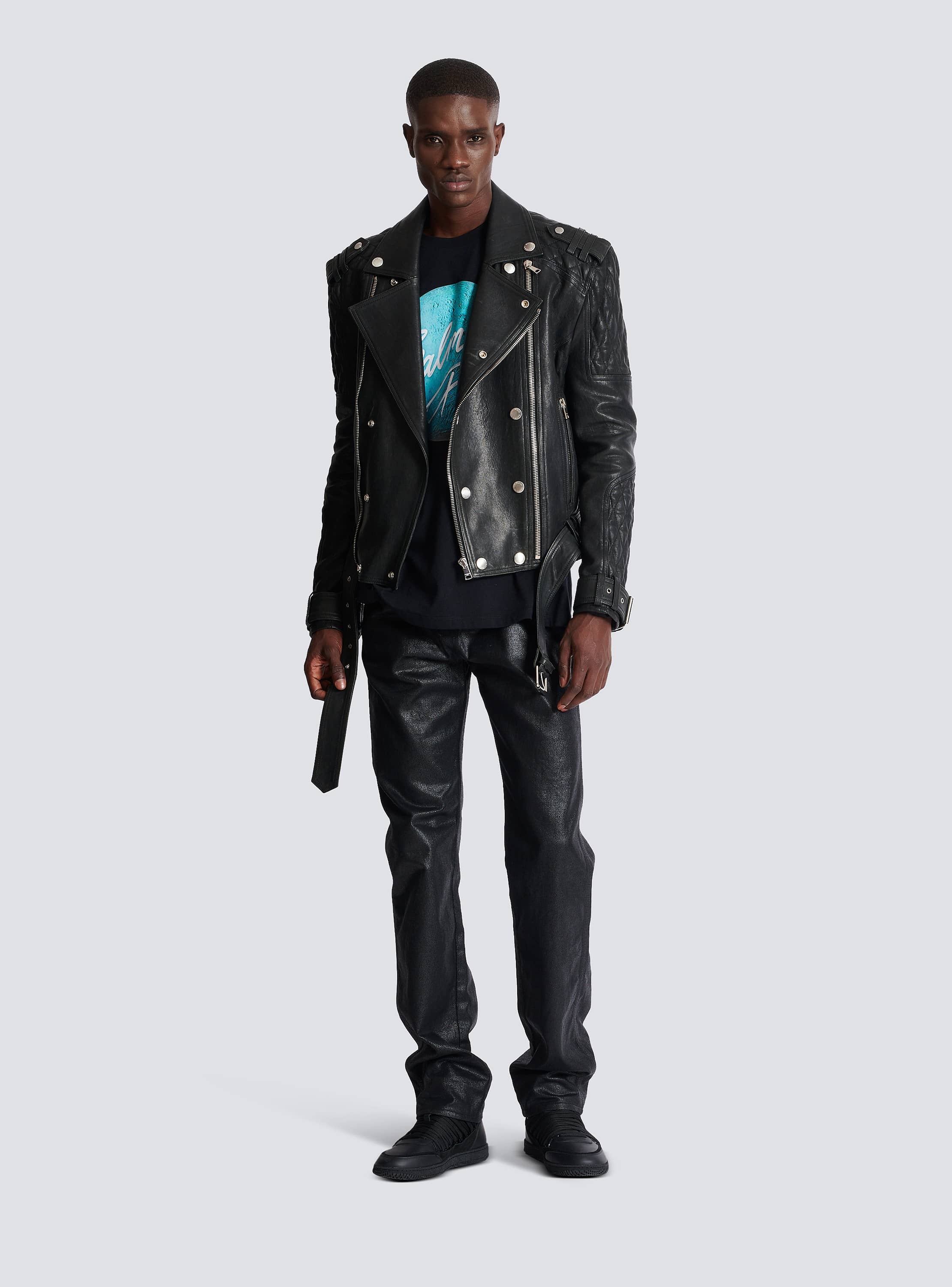 Quilted sleeves biker leather jacket