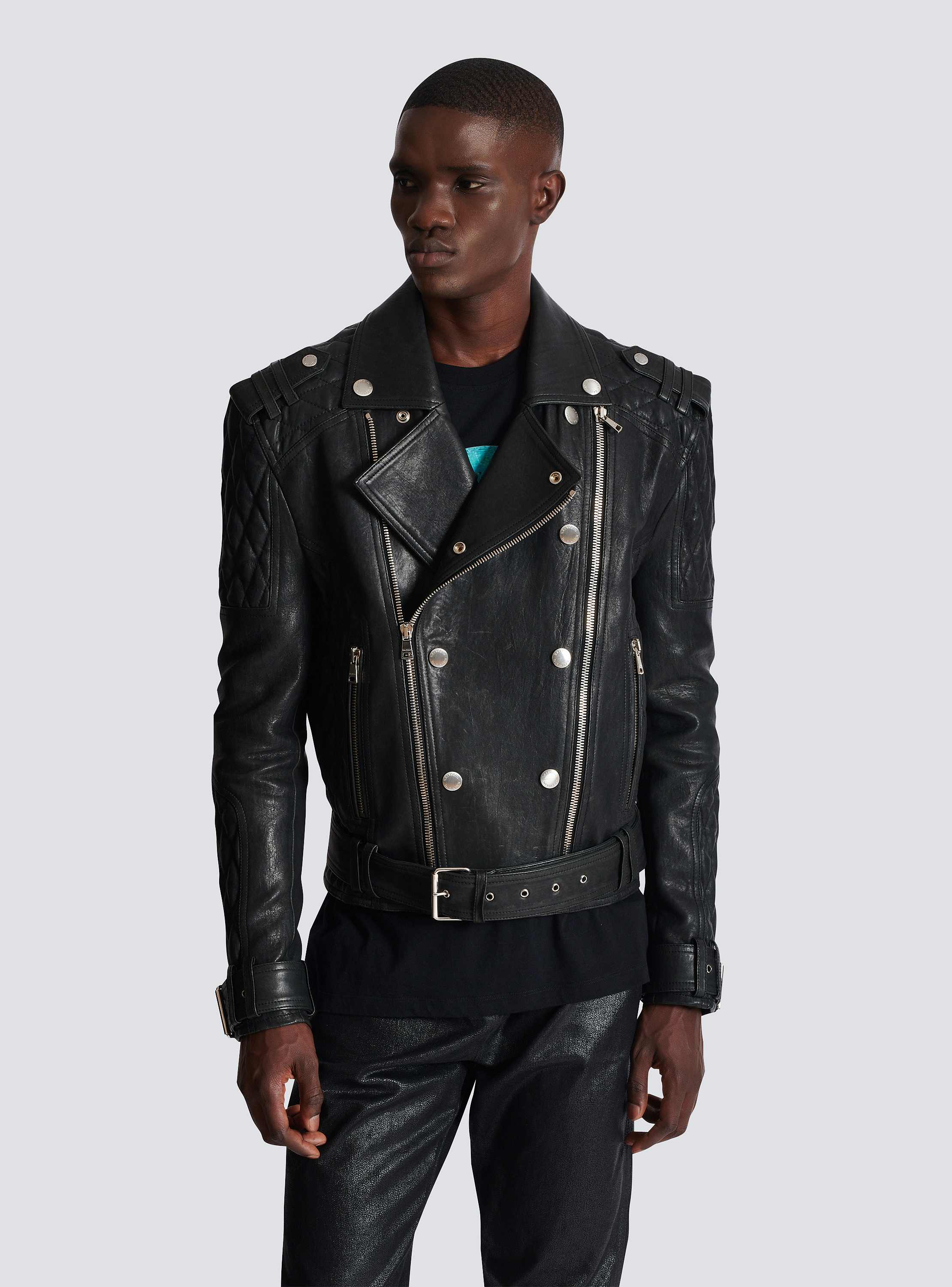 Quilted sleeves biker leather jacket