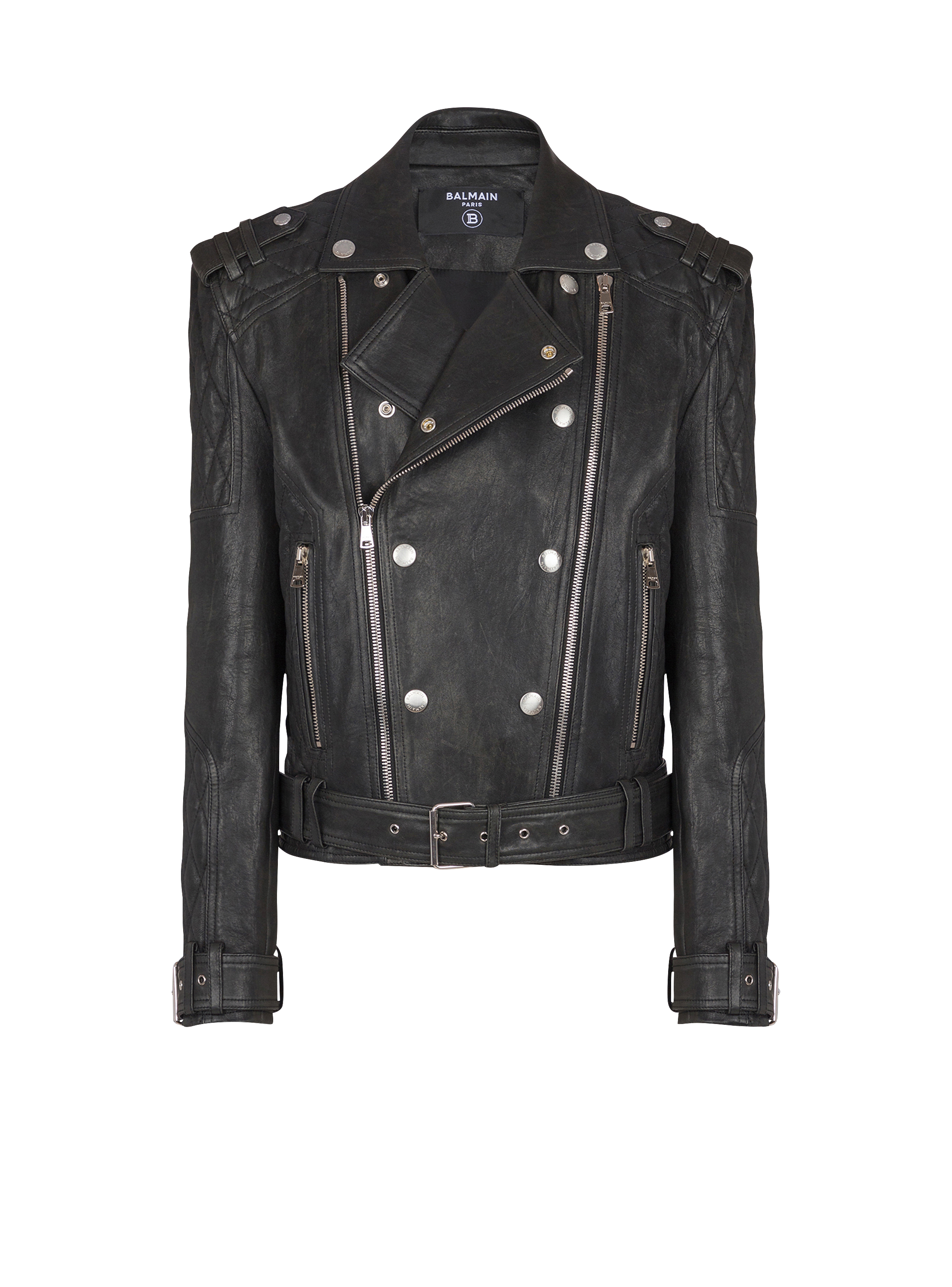 Quilted sleeves biker leather jacket