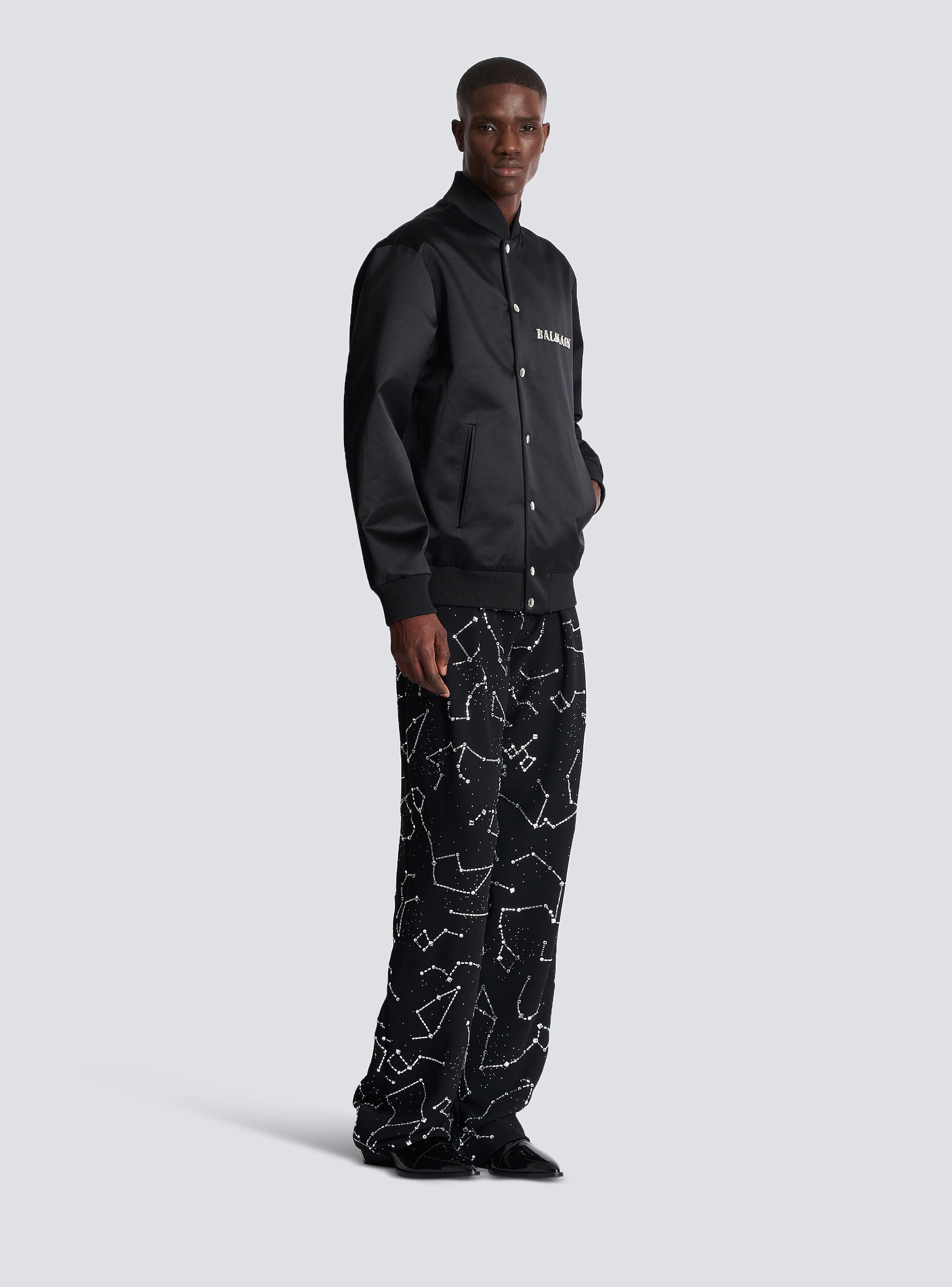 Satin bomber jacket with Balmain Galaxy embroidery silver