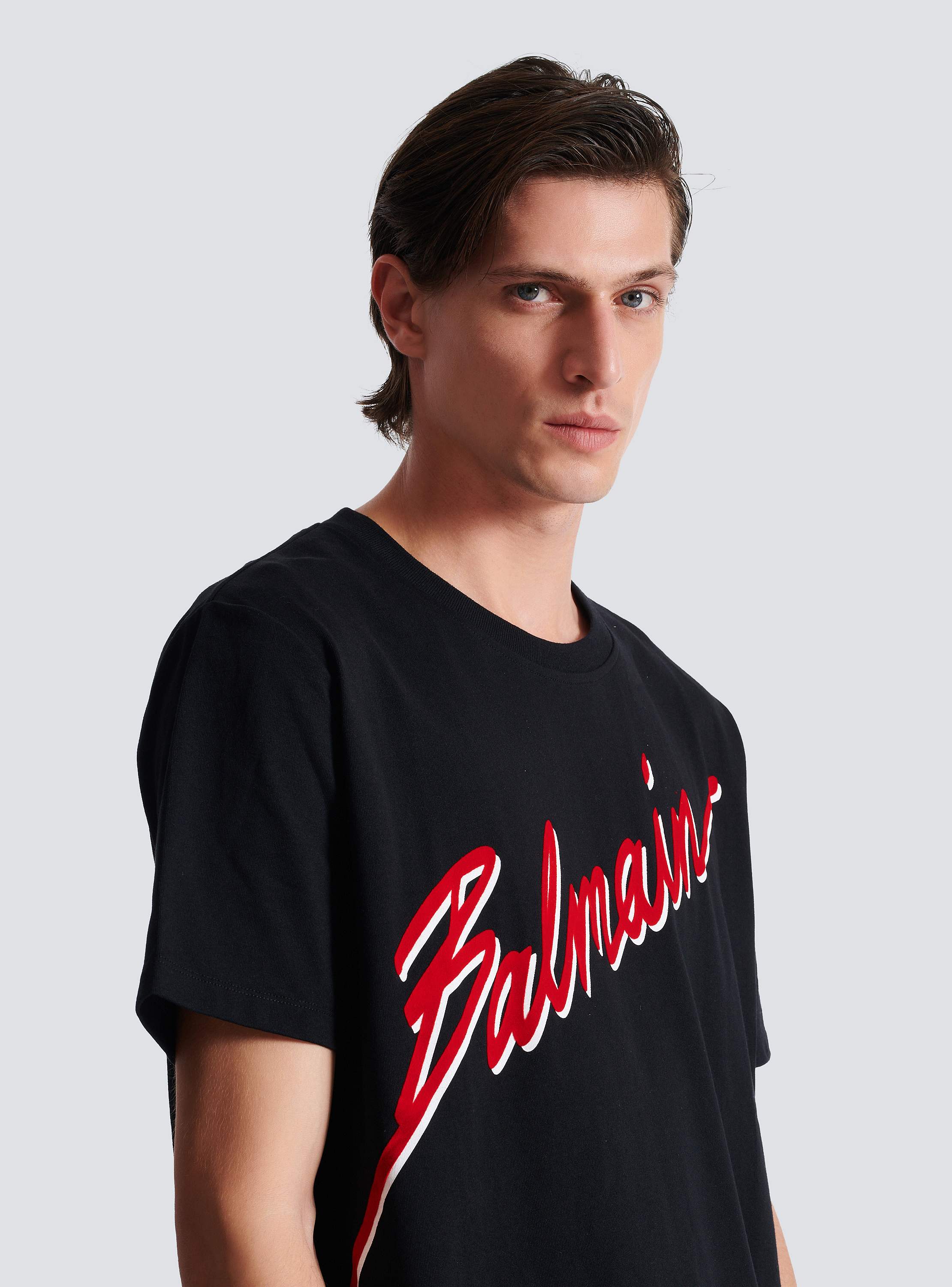 T-shirt with flocked Balmain Letter logo red - Men | BALMAIN