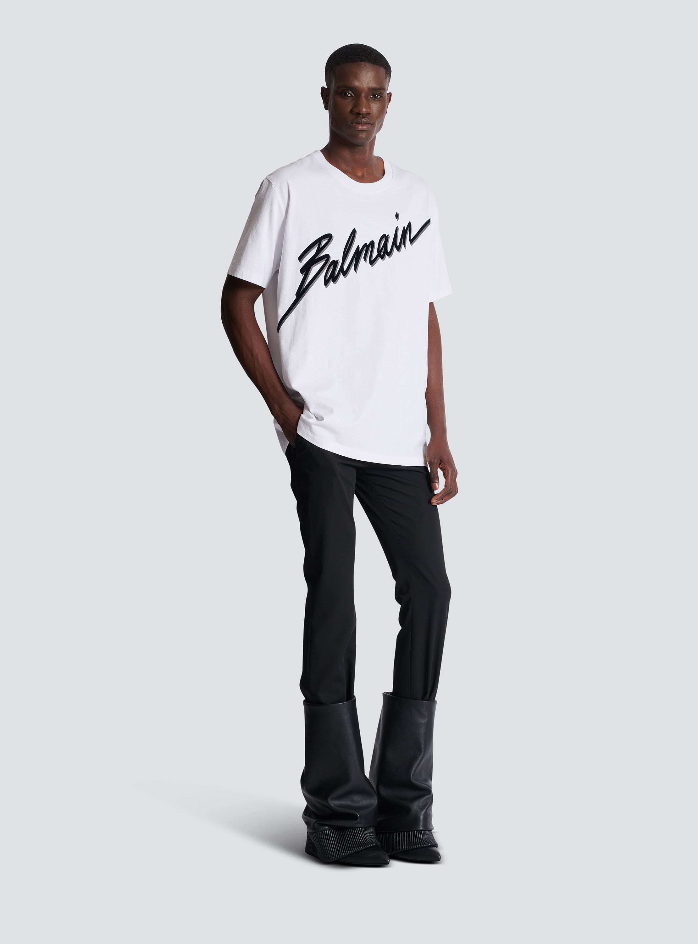T-shirt with flocked Balmain Letter logo white - Men | BALMAIN
