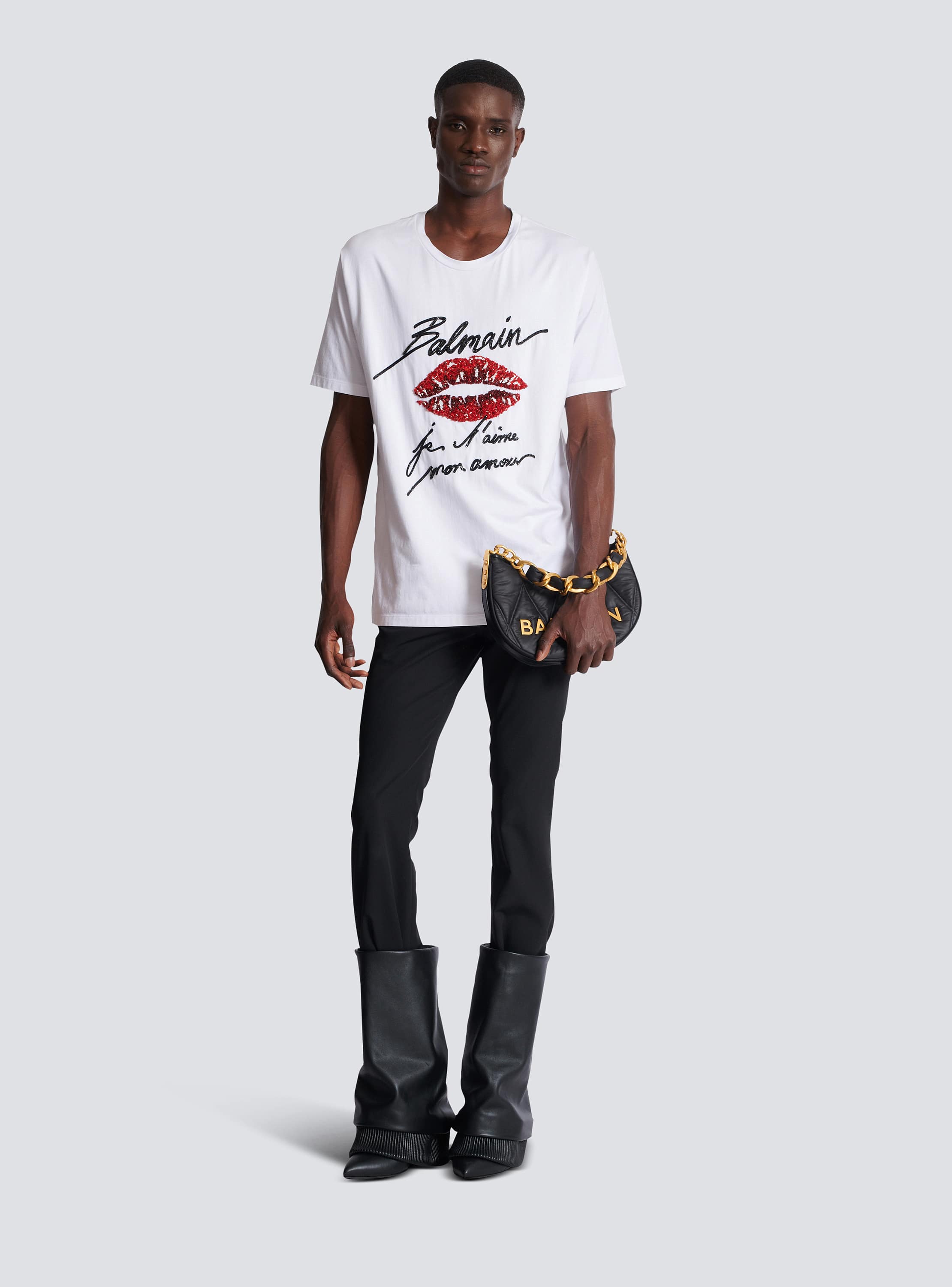 【送料&関税込】Balmain Leather Trompe L Il Ls T-shirt Embroidered T-shirt with Balmain 