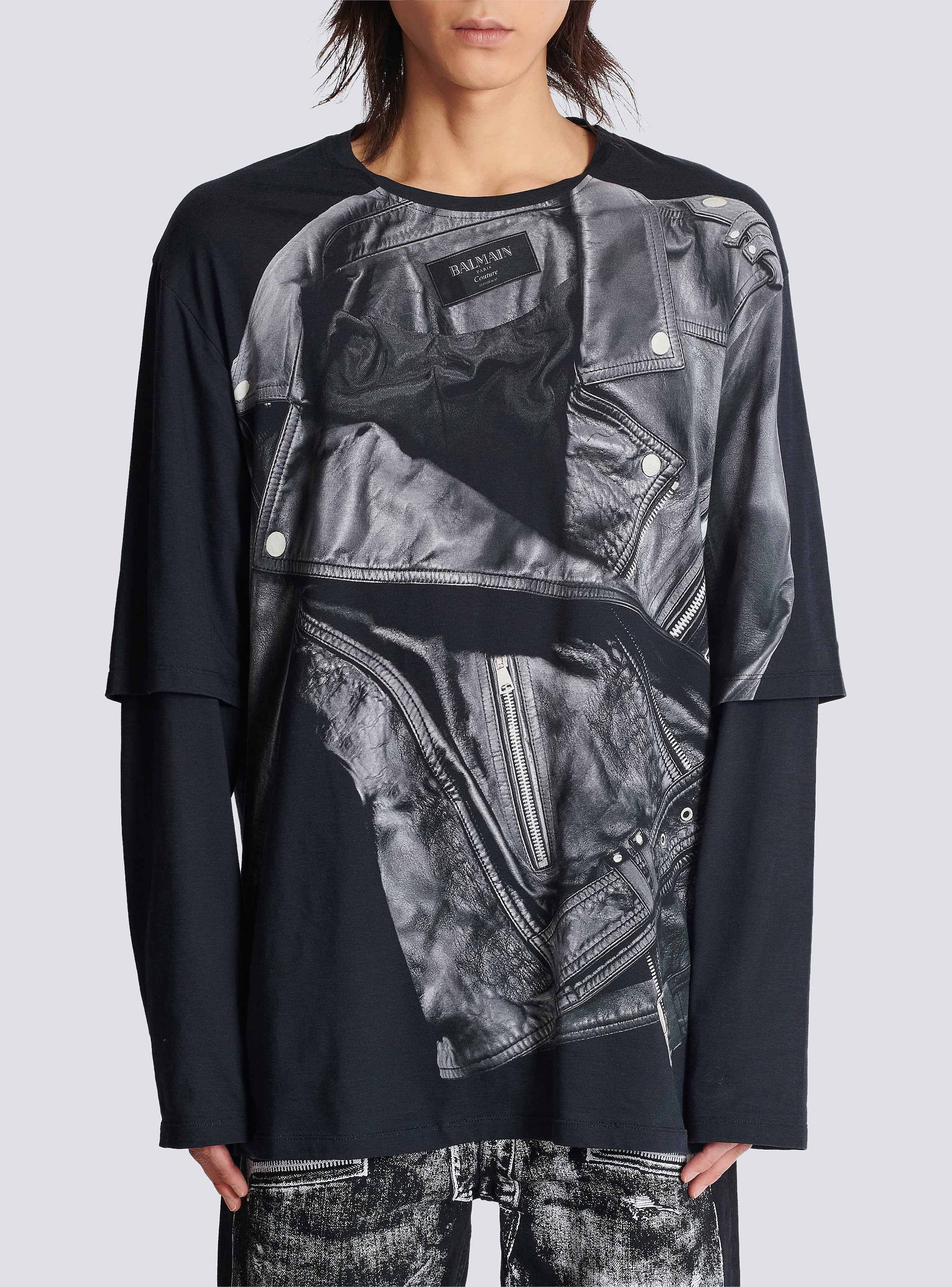 Long-sleeved T-shirt with biker jacket print - Men | BALMAIN