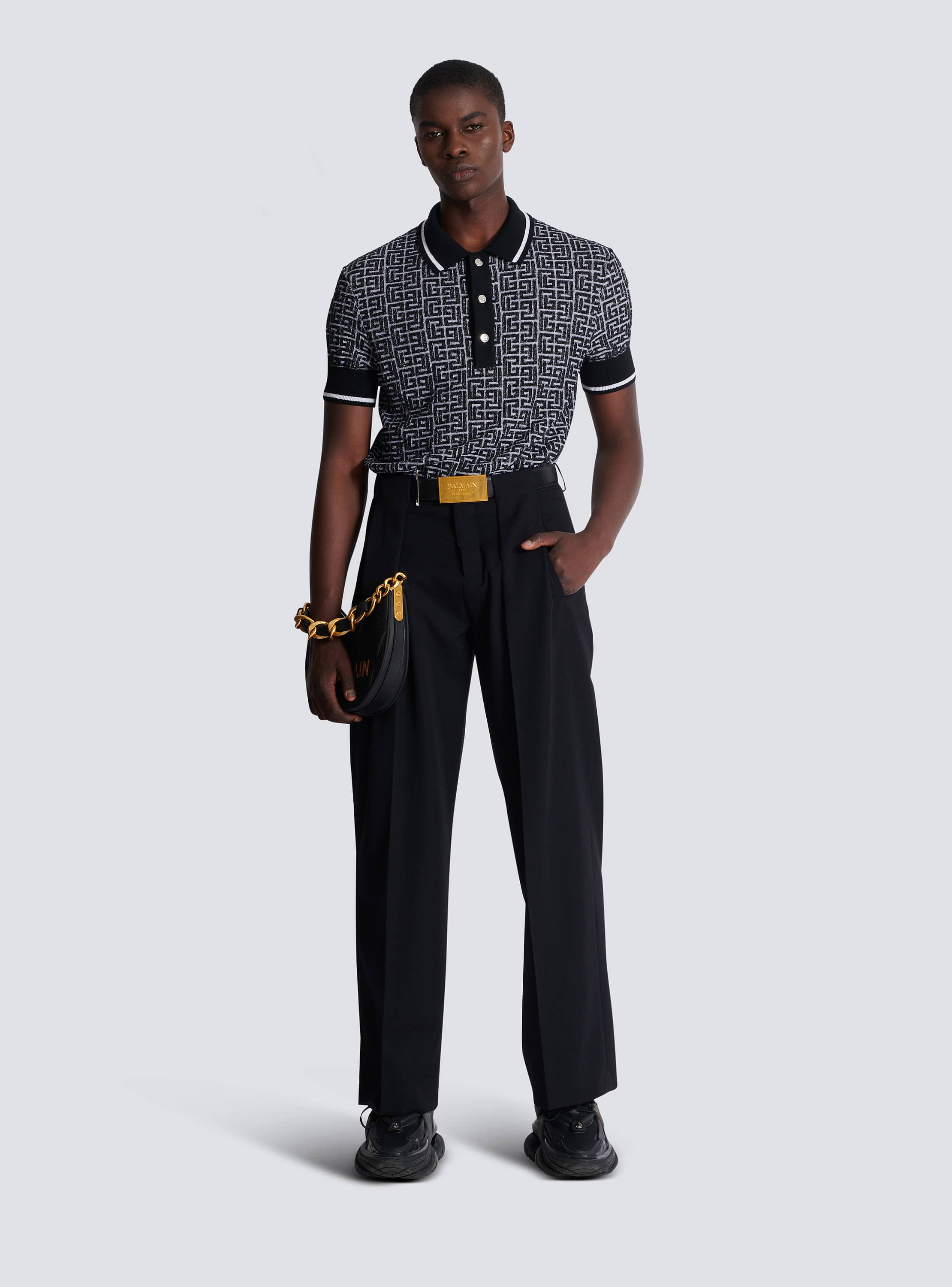 Cotton polo shirt with leather Balmain Couture label black