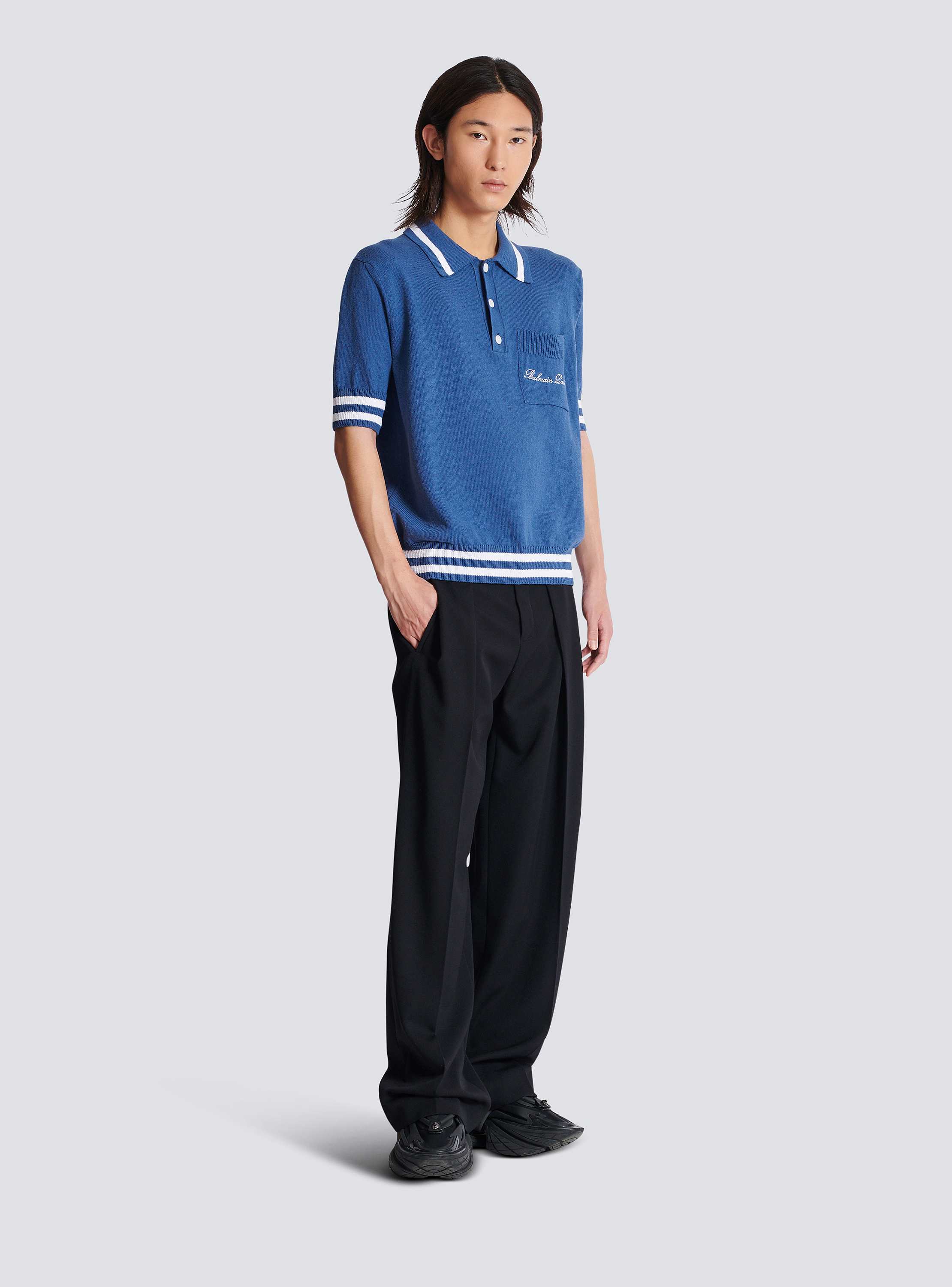 Cotton-linen polo shirt with Balmain Signature embroidery
