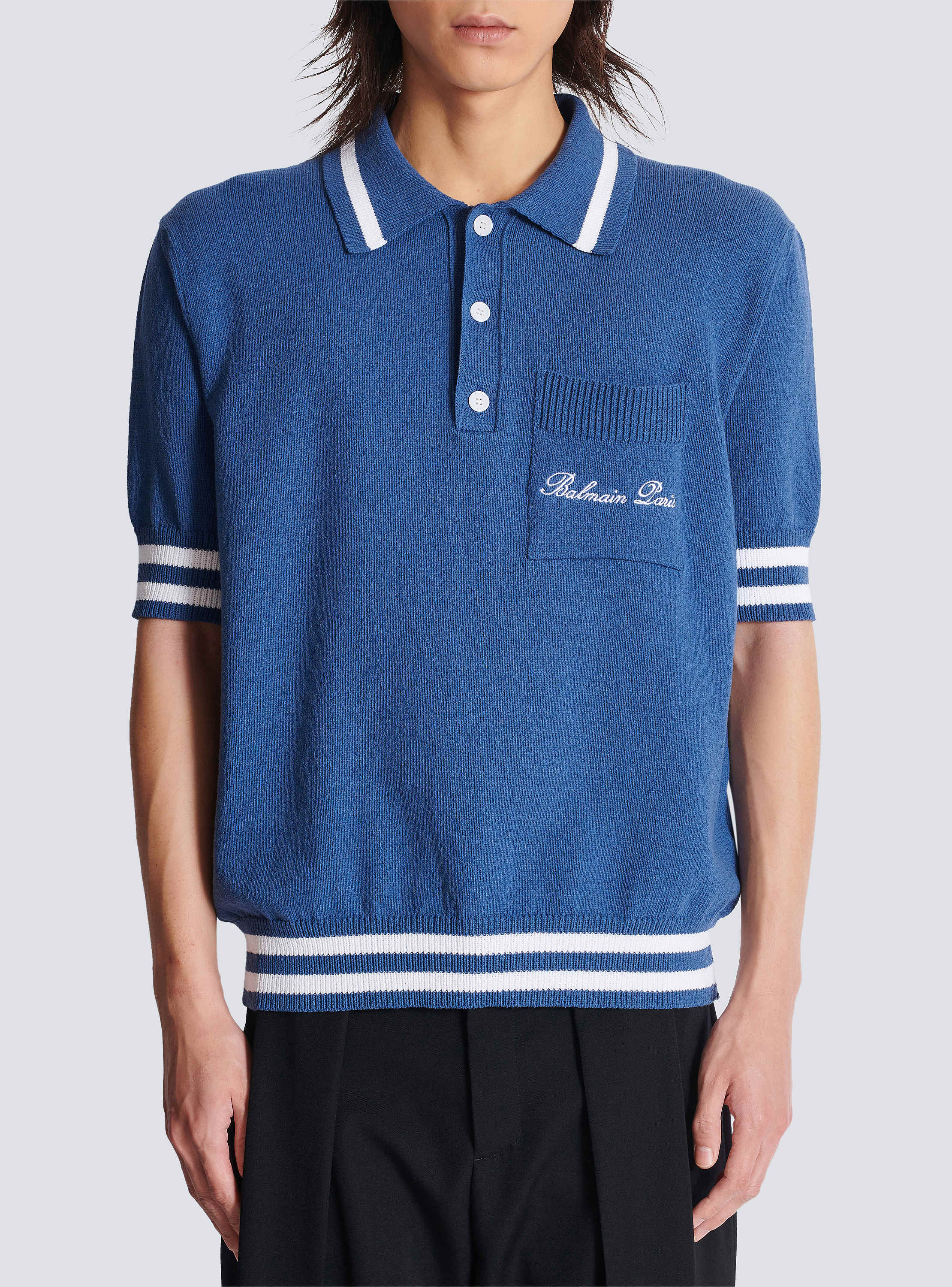 Cotton-linen polo shirt with Balmain Signature embroidery