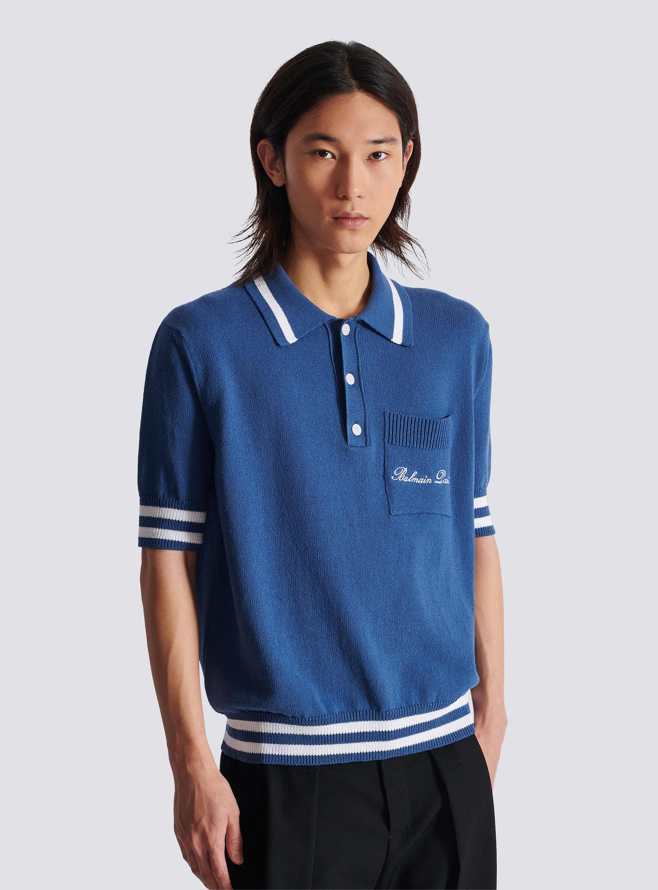 Cotton-linen polo shirt with Balmain Signature embroidery