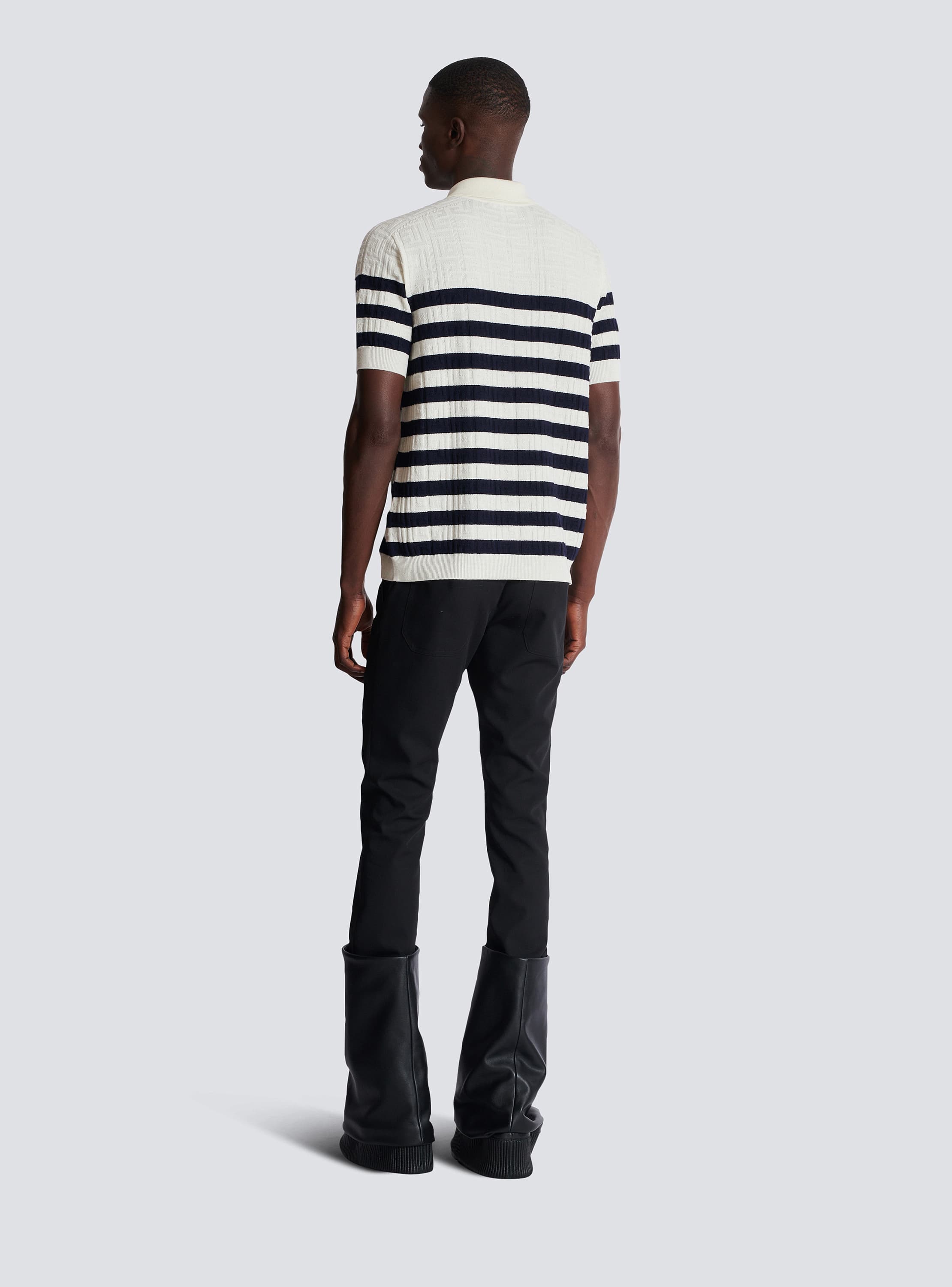 Striped knit polo shirt with monogram white - Men | BALMAIN