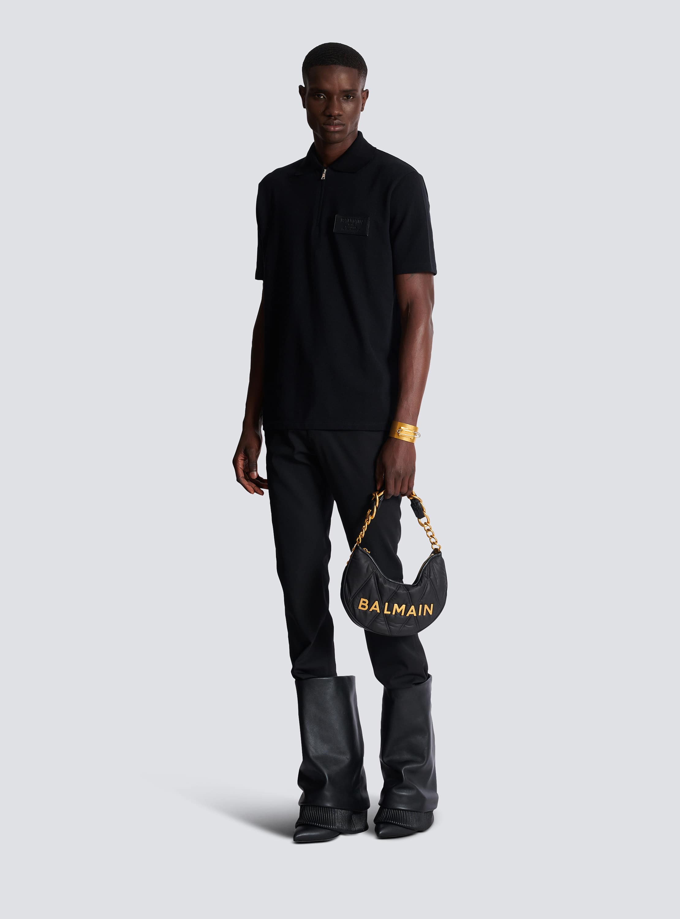 Cotton polo shirt with leather Balmain Couture label black