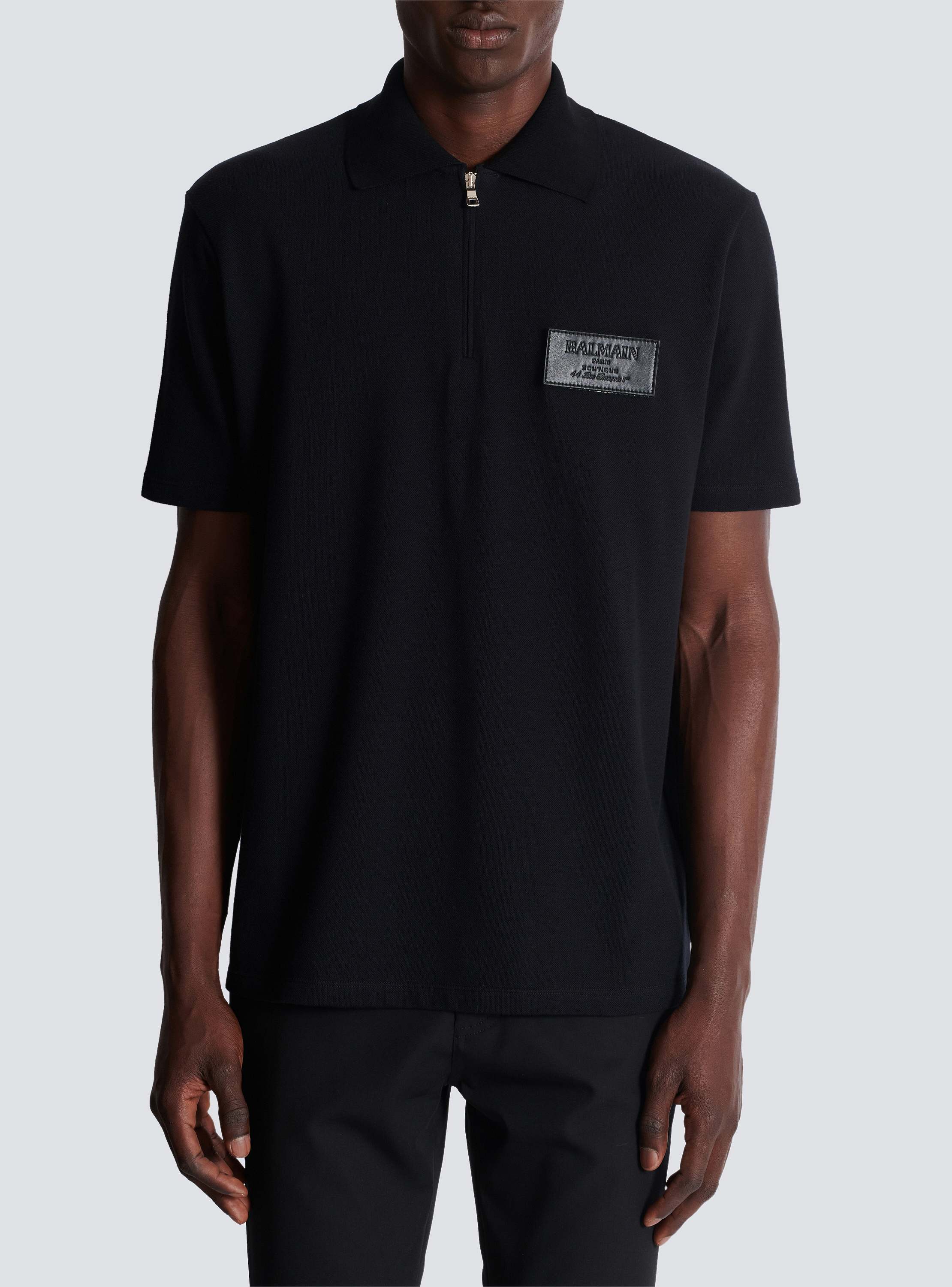 RRP $460 BALMAIN Polo Shirt Leather Logo Zip Black 100