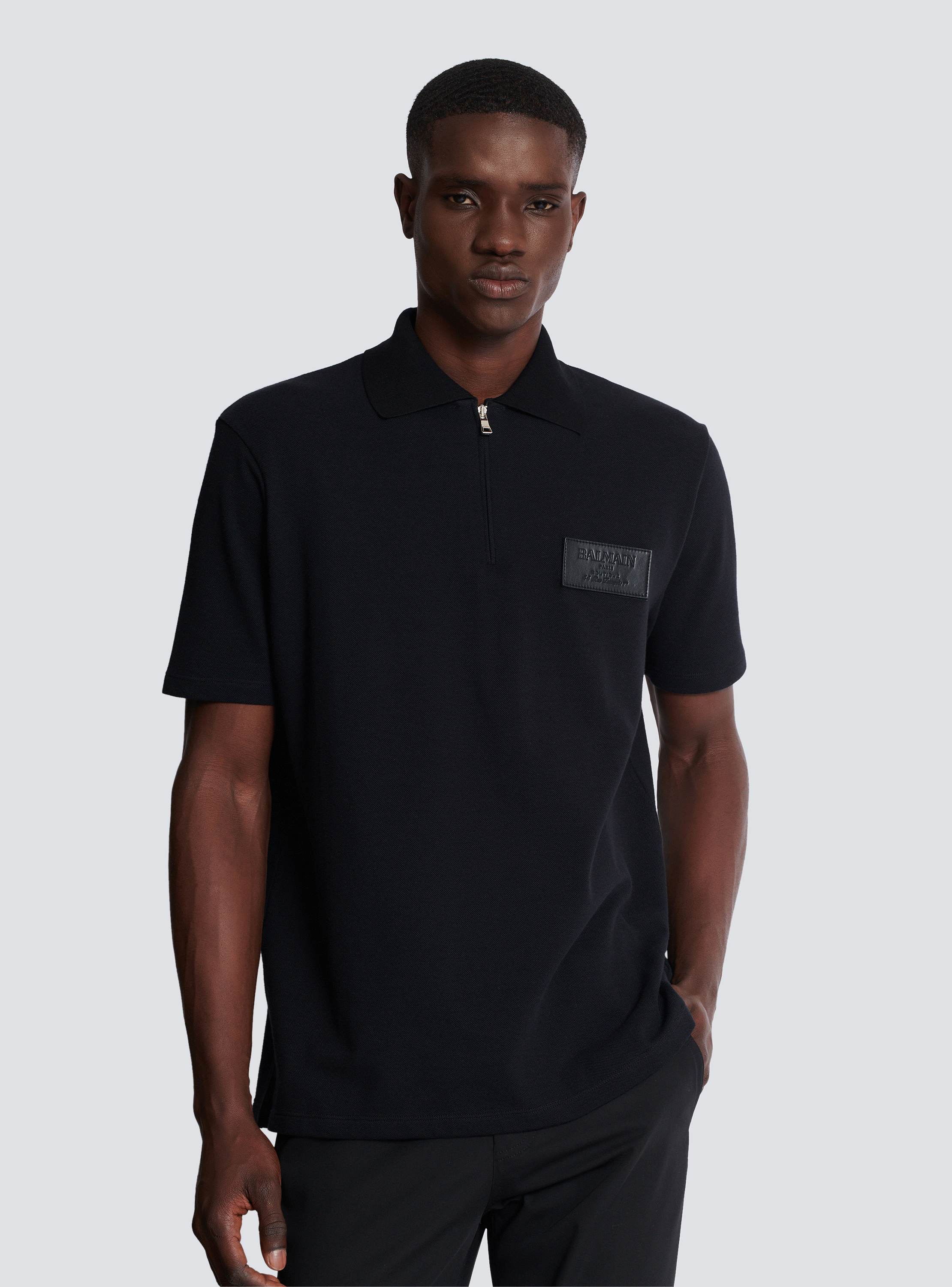 Tシャツ・カットソー BALMAIN Men Polo Shirts DH1EG010BC68EAB Black Cotton polo shirt with leather Balmain Couture label - Men