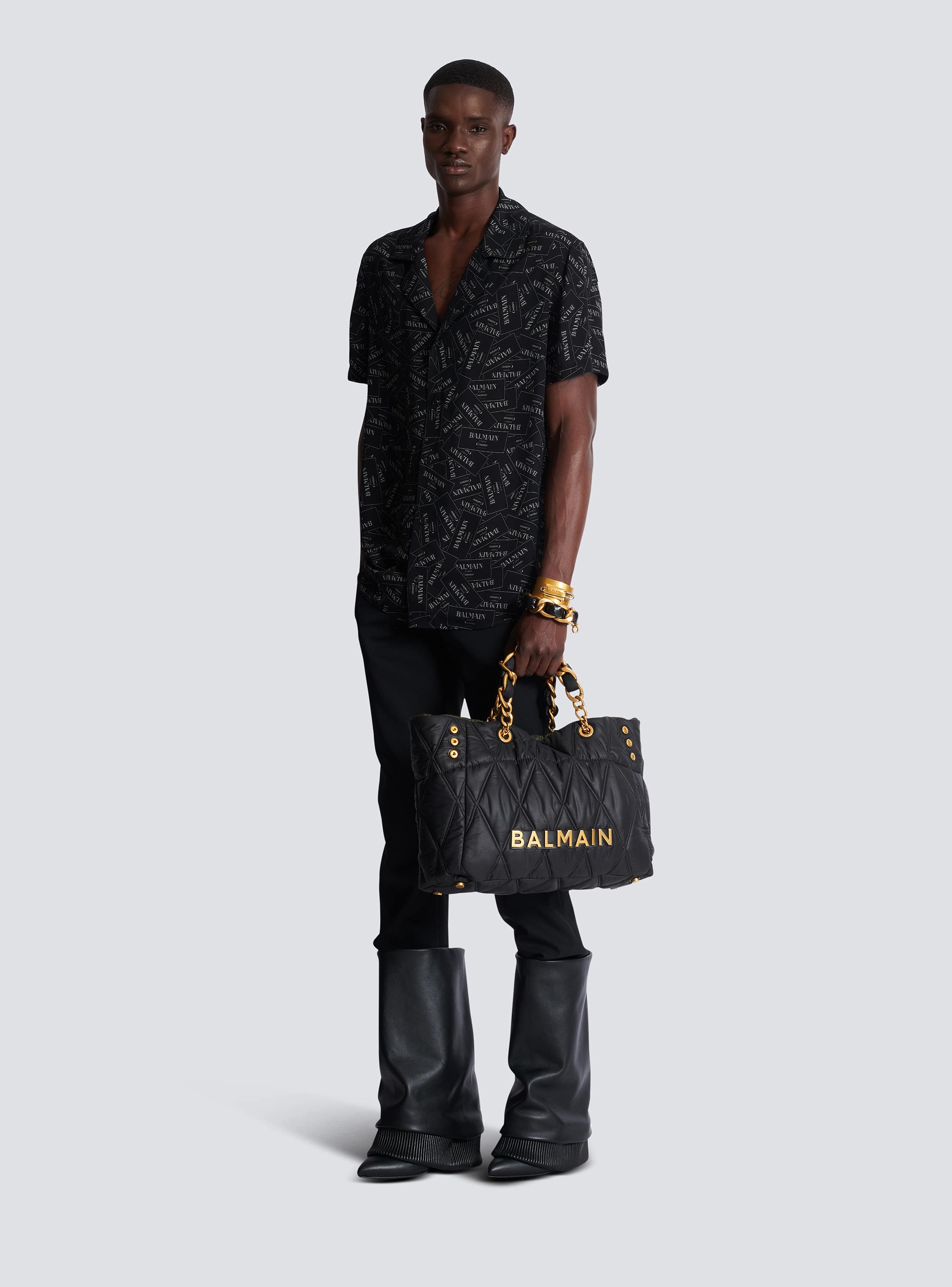 Balmain EH1EG010BB17GAB 関税送料込 Pyjama shirt with all-over Balmain label print black - Men