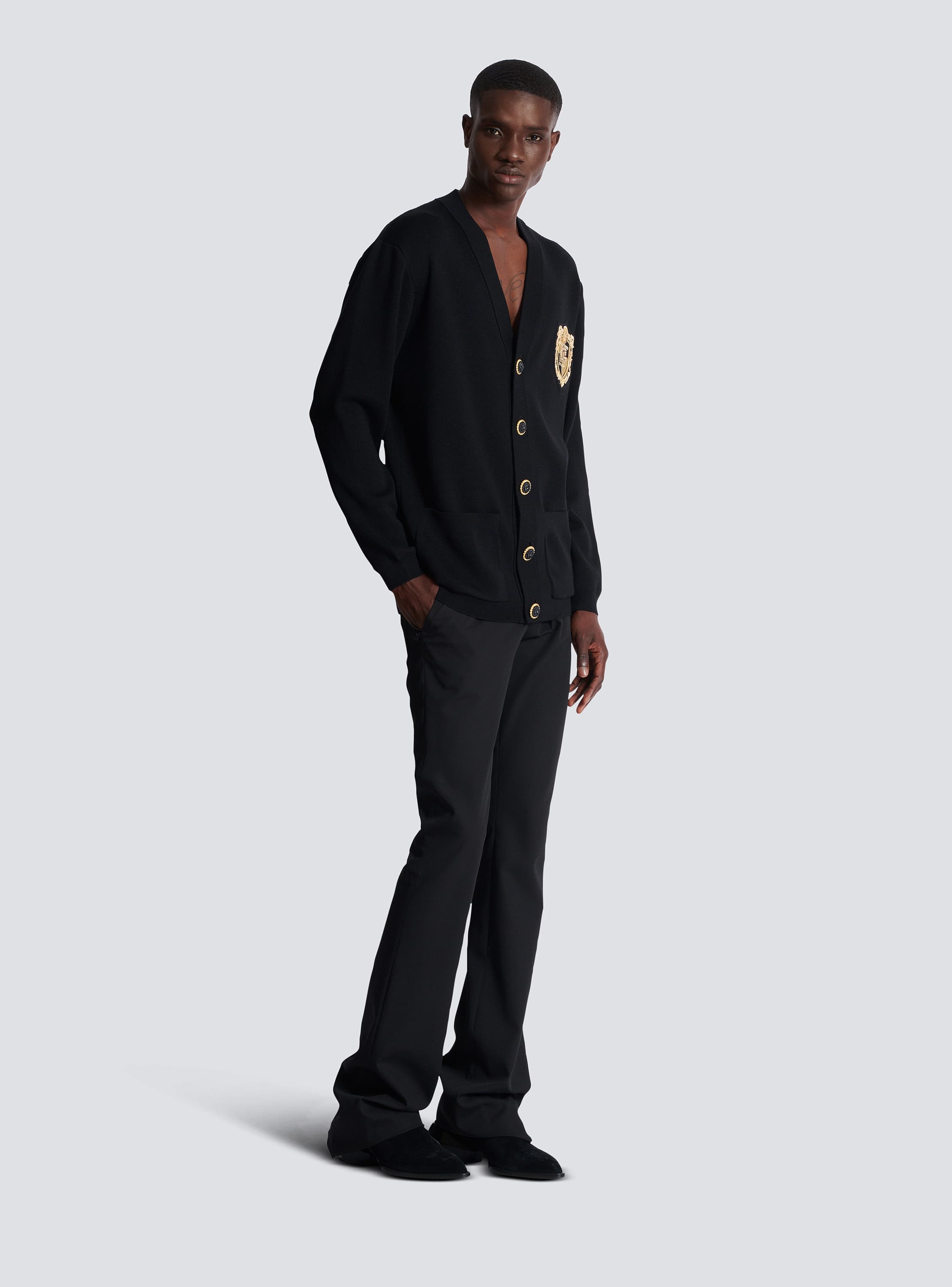 Knit cardigan with embroidered patch black - Men | BALMAIN Knit cardigan with embroidered patch black - Men | BALMAIN