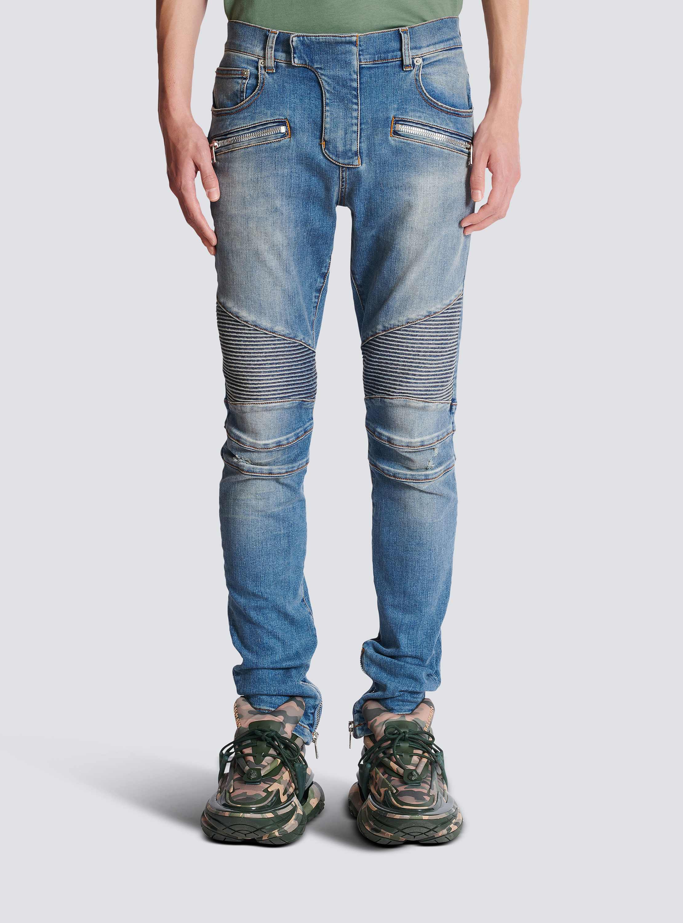 Slim-fit biker jeans in blue denim - Men | BALMAIN
