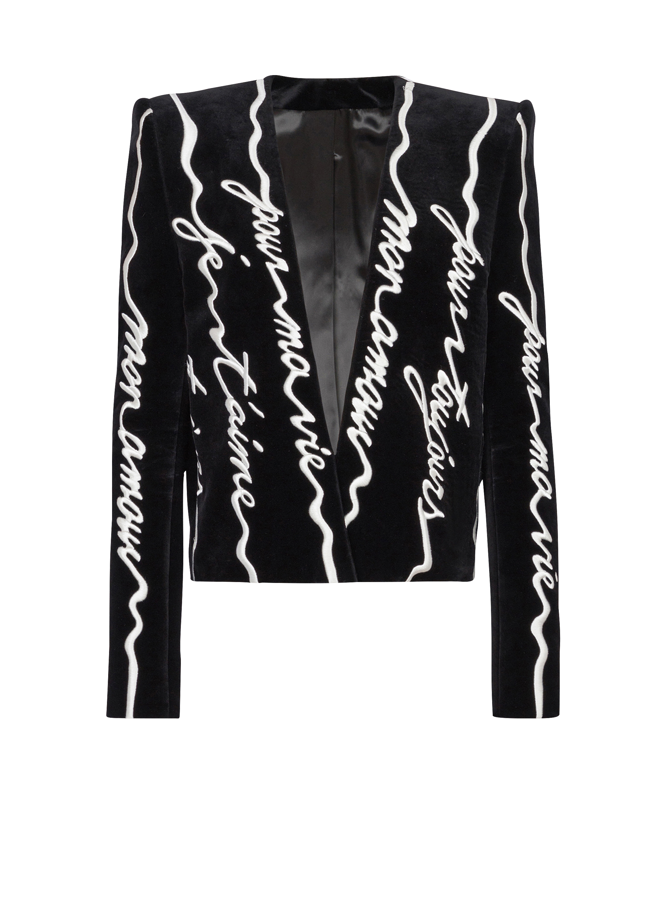 Cropped velvet jacket with all-over "Love Letter" embroidery