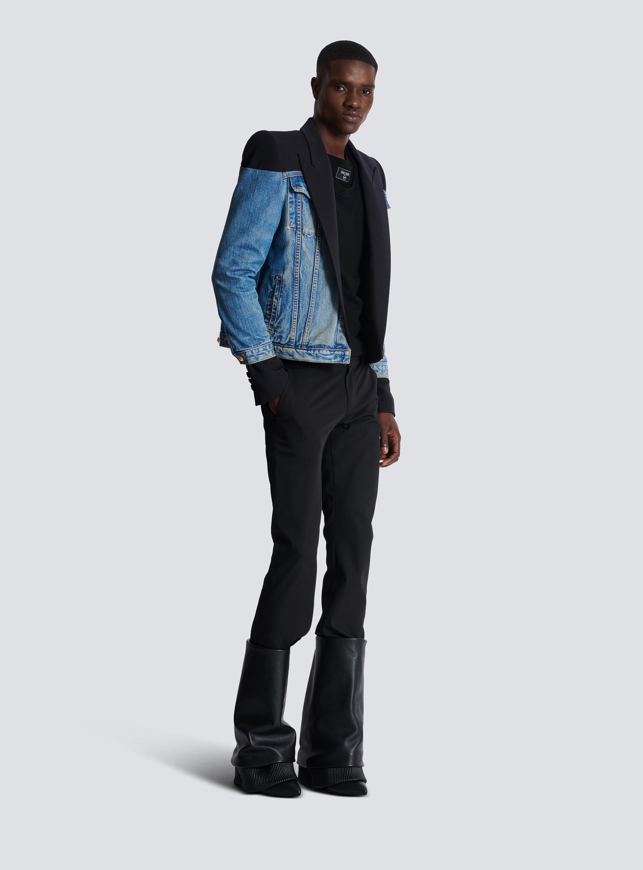 Cropped denim and grain de poudre jacket black - Men | BALMAIN