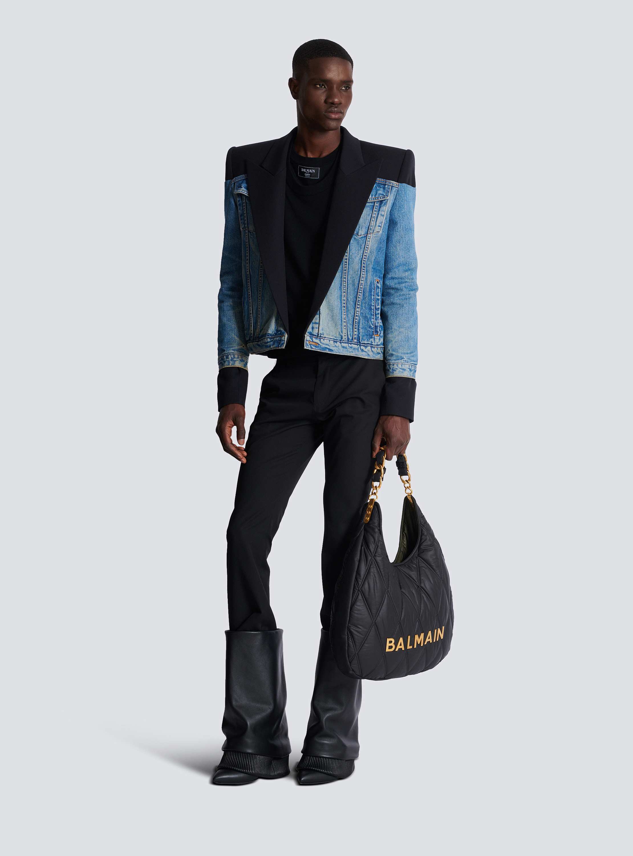 Cropped denim and grain de poudre jacket black - Men | BALMAIN Cropped denim and grain de poudre jacket black - Men | BALMAIN