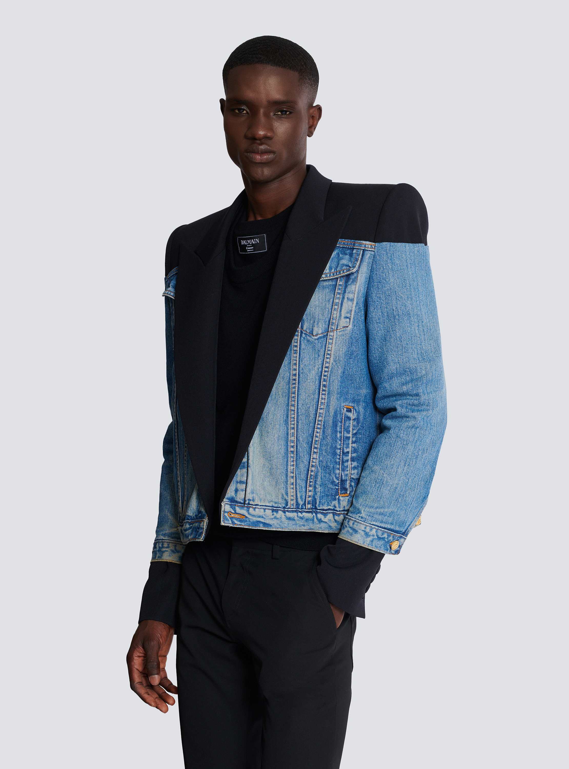 Cropped denim and grain de poudre jacket - Men | BALMAIN