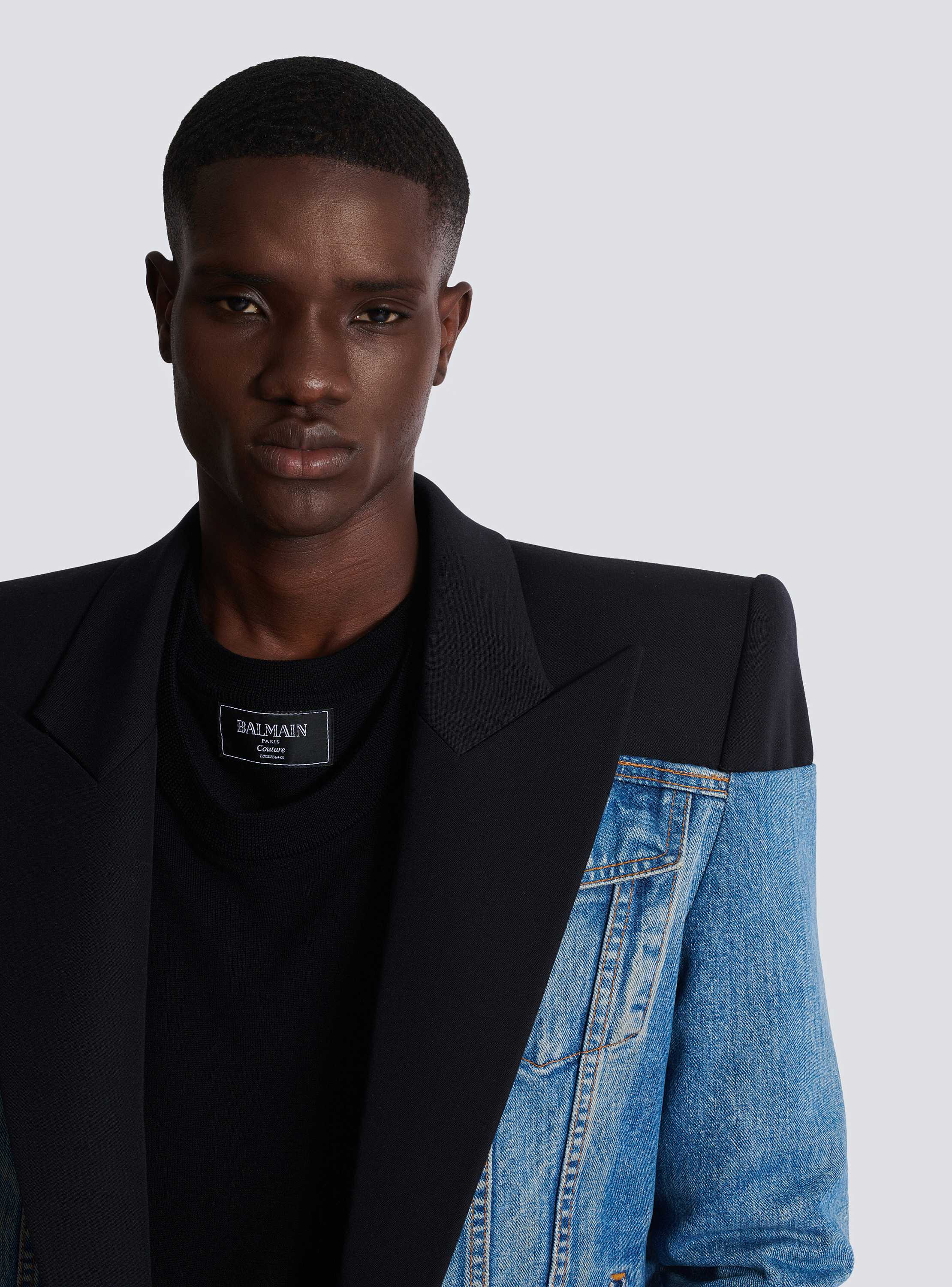 Cropped denim and grain de poudre jacket black - Men | BALMAIN Cropped denim and grain de poudre jacket black - Men | BALMAIN