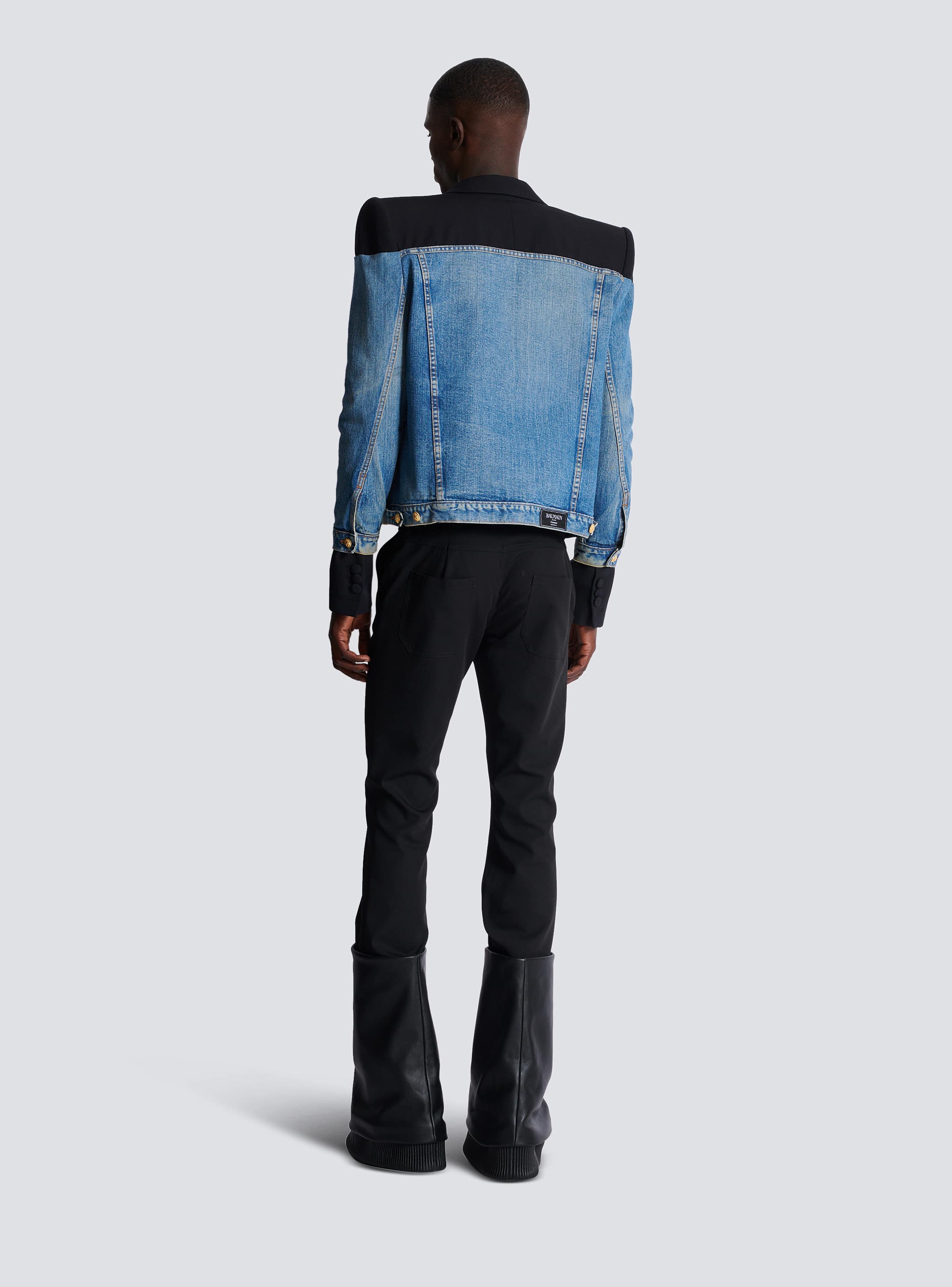 Cropped denim and grain de poudre jacket black - Men | BALMAIN