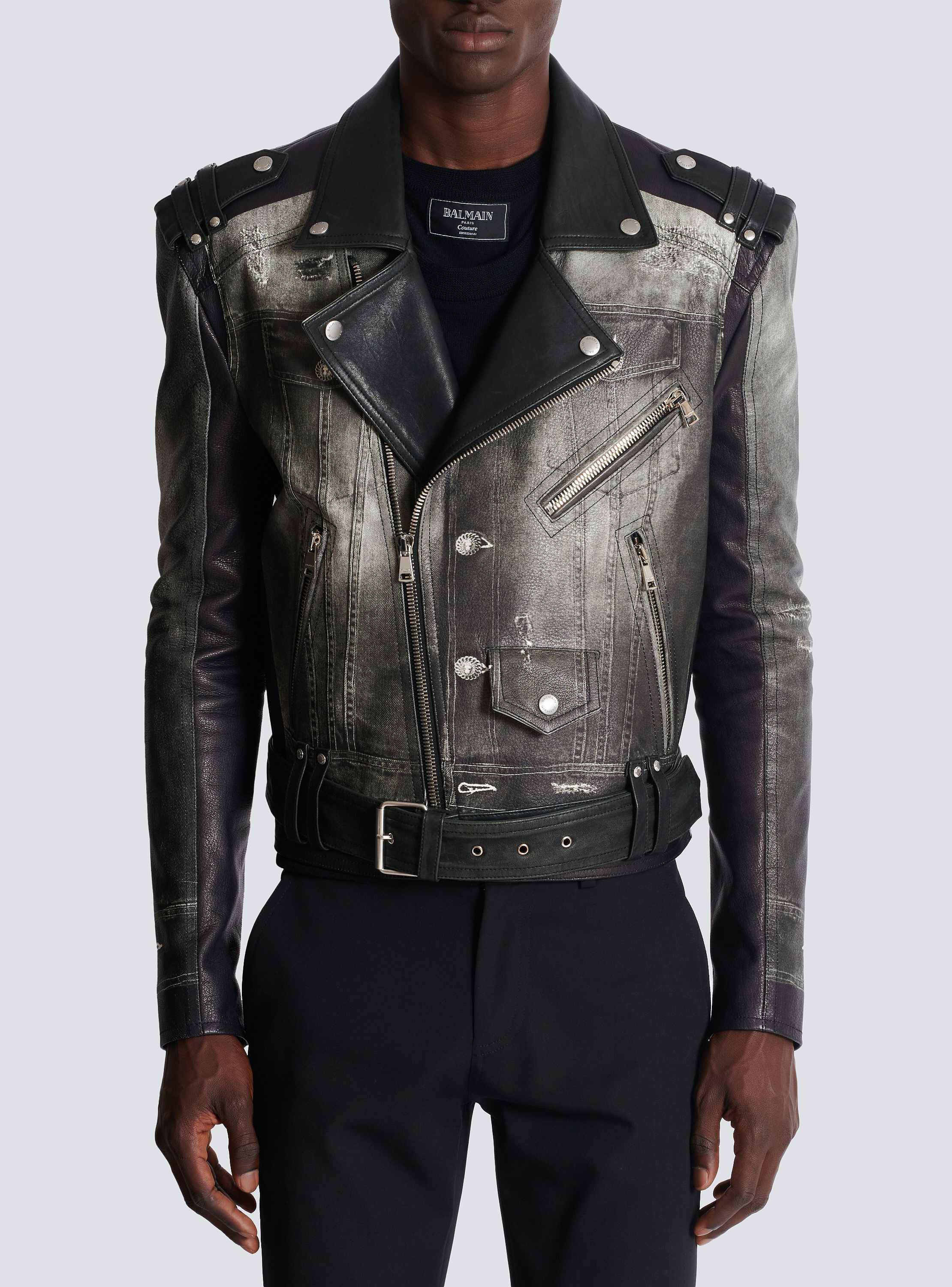 Leather biker jacket with denim print black - Men | BALMAIN