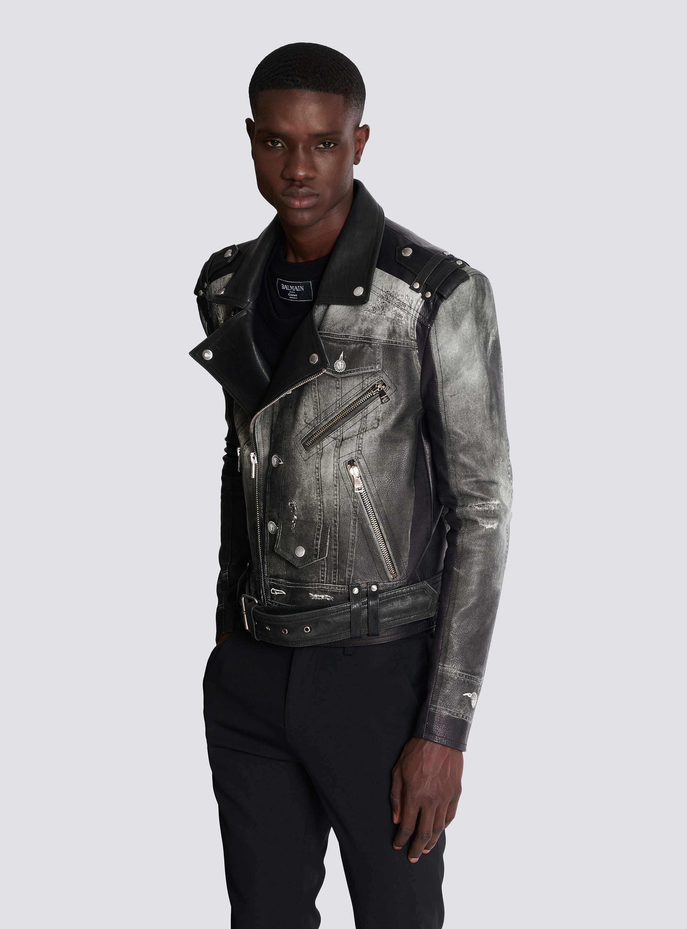 Leather biker jacket with denim print black - Men | BALMAIN