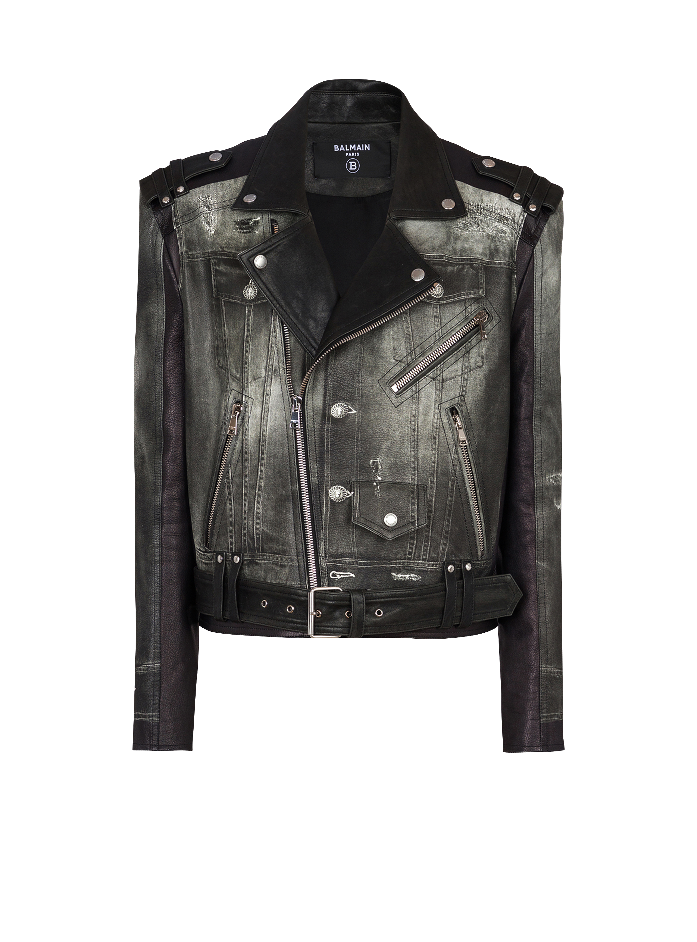 Leather biker jacket with denim print