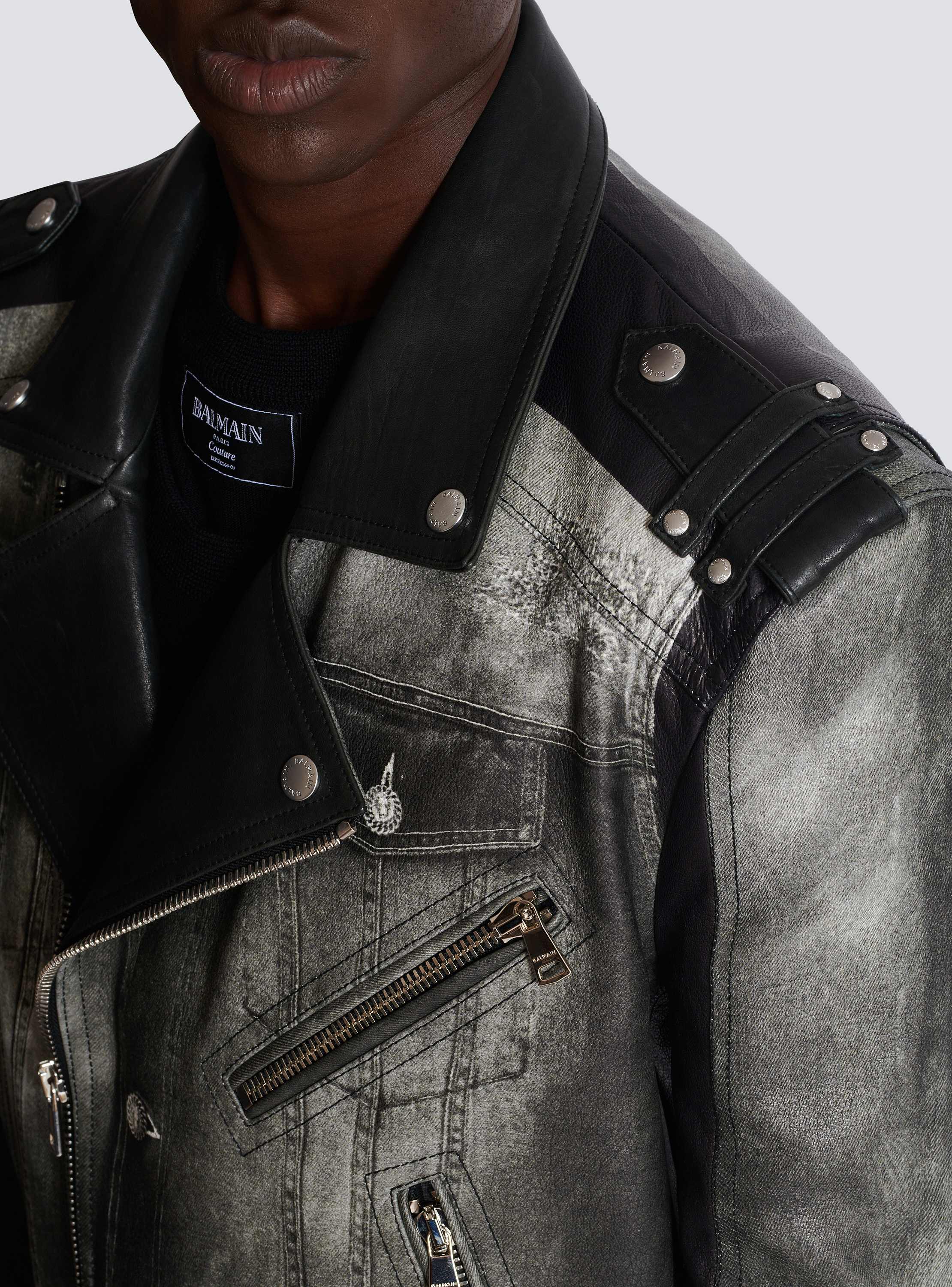 Leather biker jacket with denim print black - Men | BALMAIN Leather biker jacket with denim print black - Men | BALMAIN