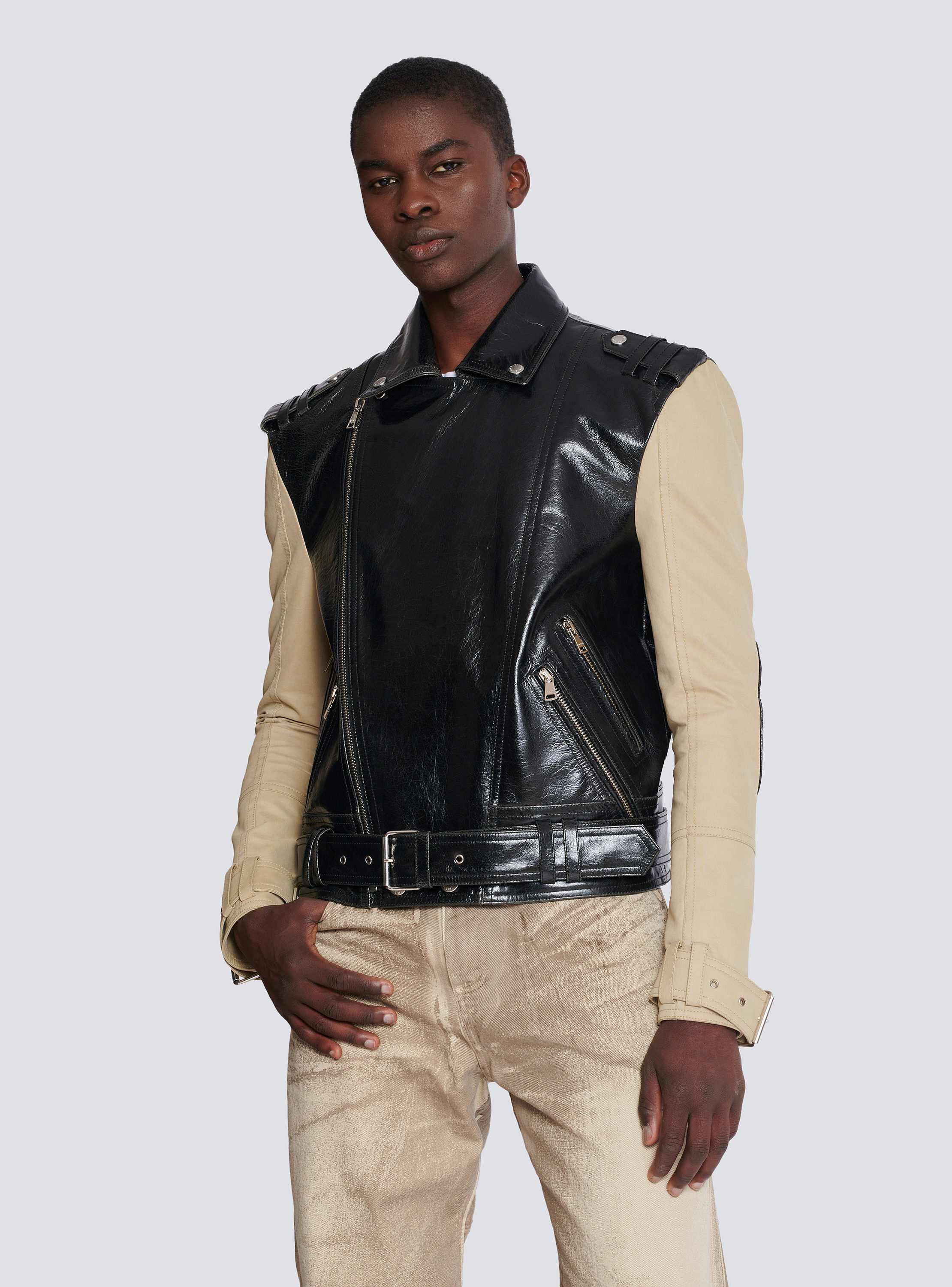 Leather and cotton biker jacket black - Men | BALMAIN