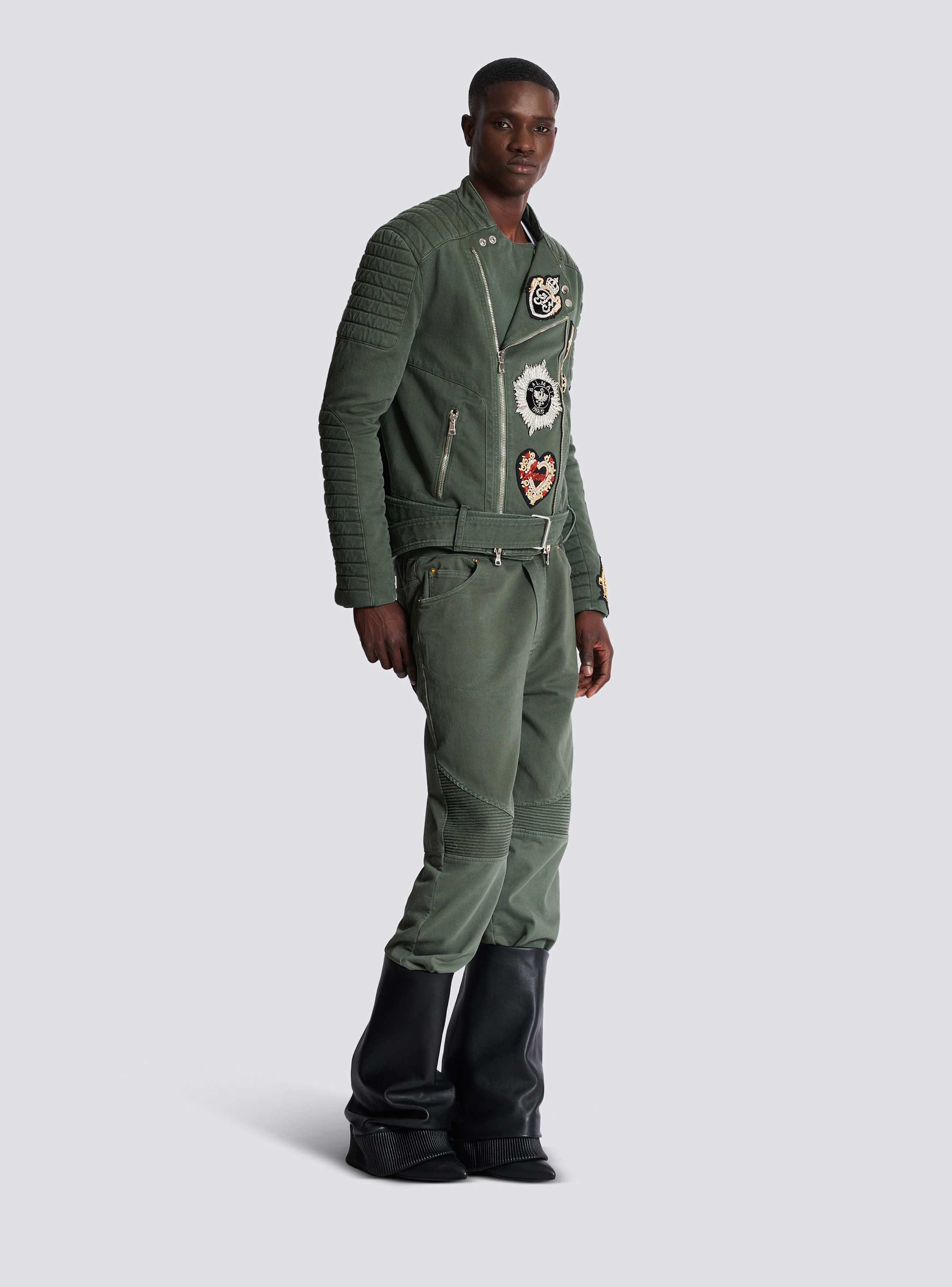 Denim biker jacket with embroidered patches khaki khaki
