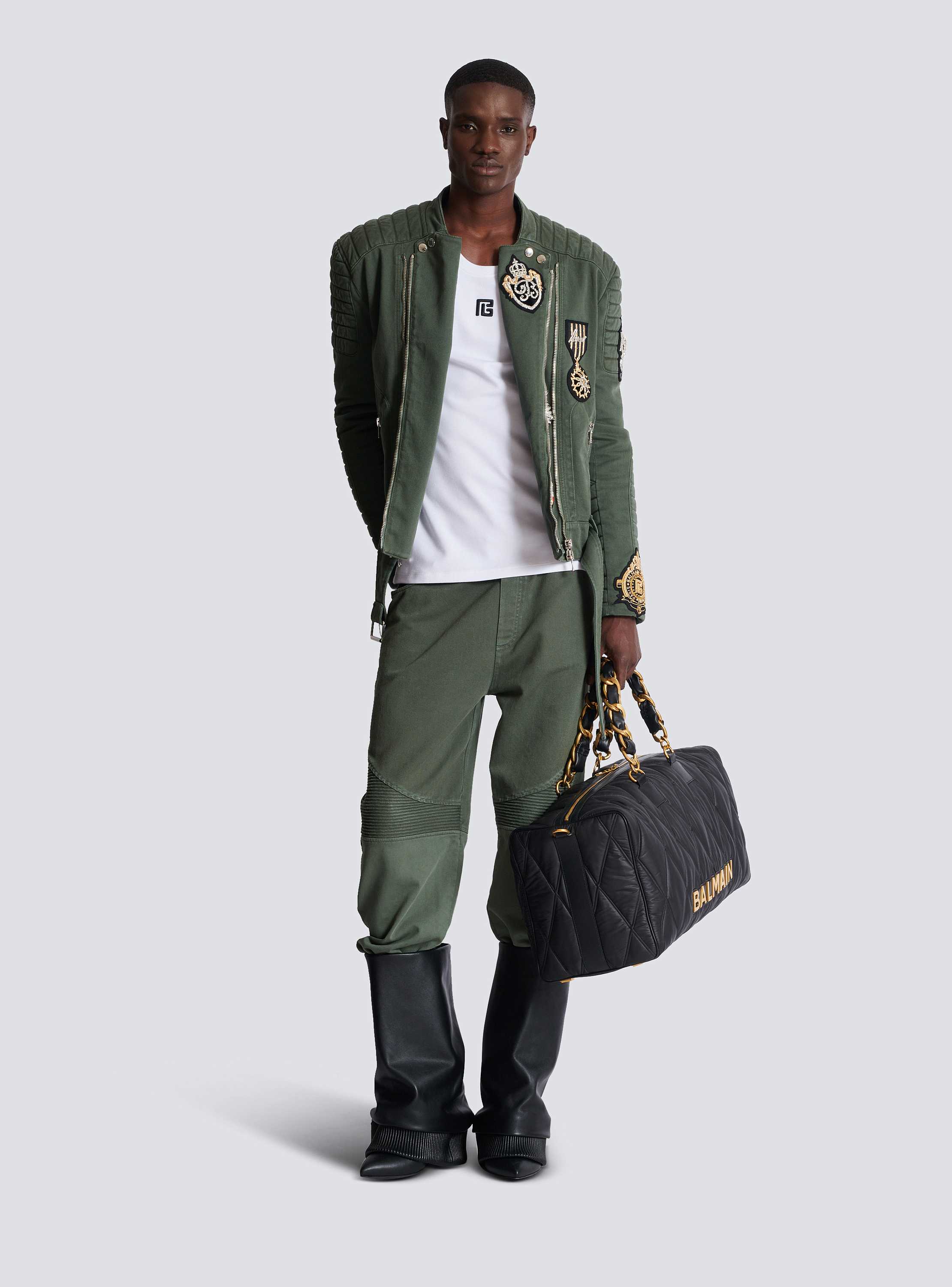 Denim biker jacket with embroidered patches khaki khaki