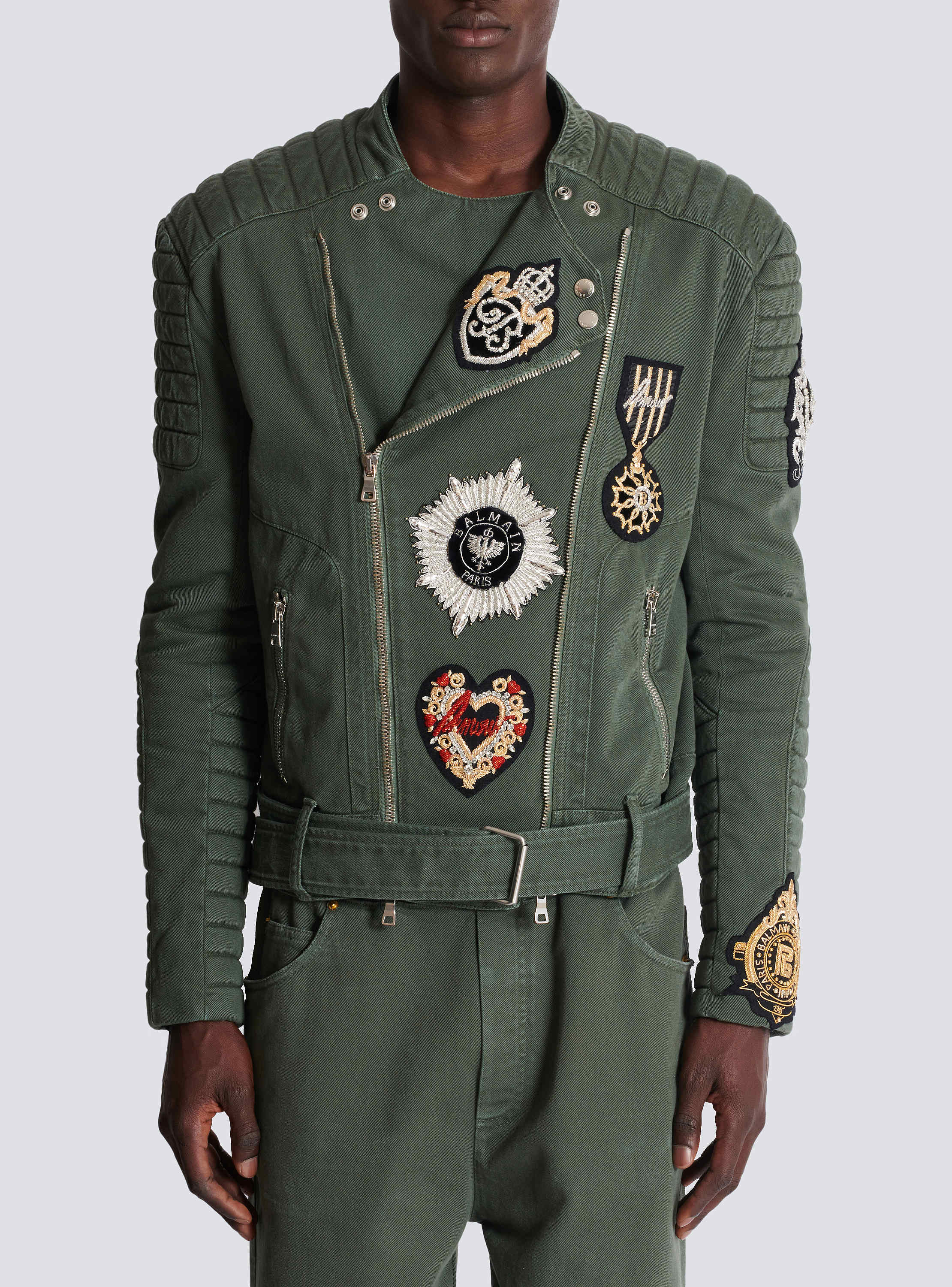 Denim biker jacket with embroidered patches khaki - Men Denim biker jacket with embroidered patches khaki - Men
