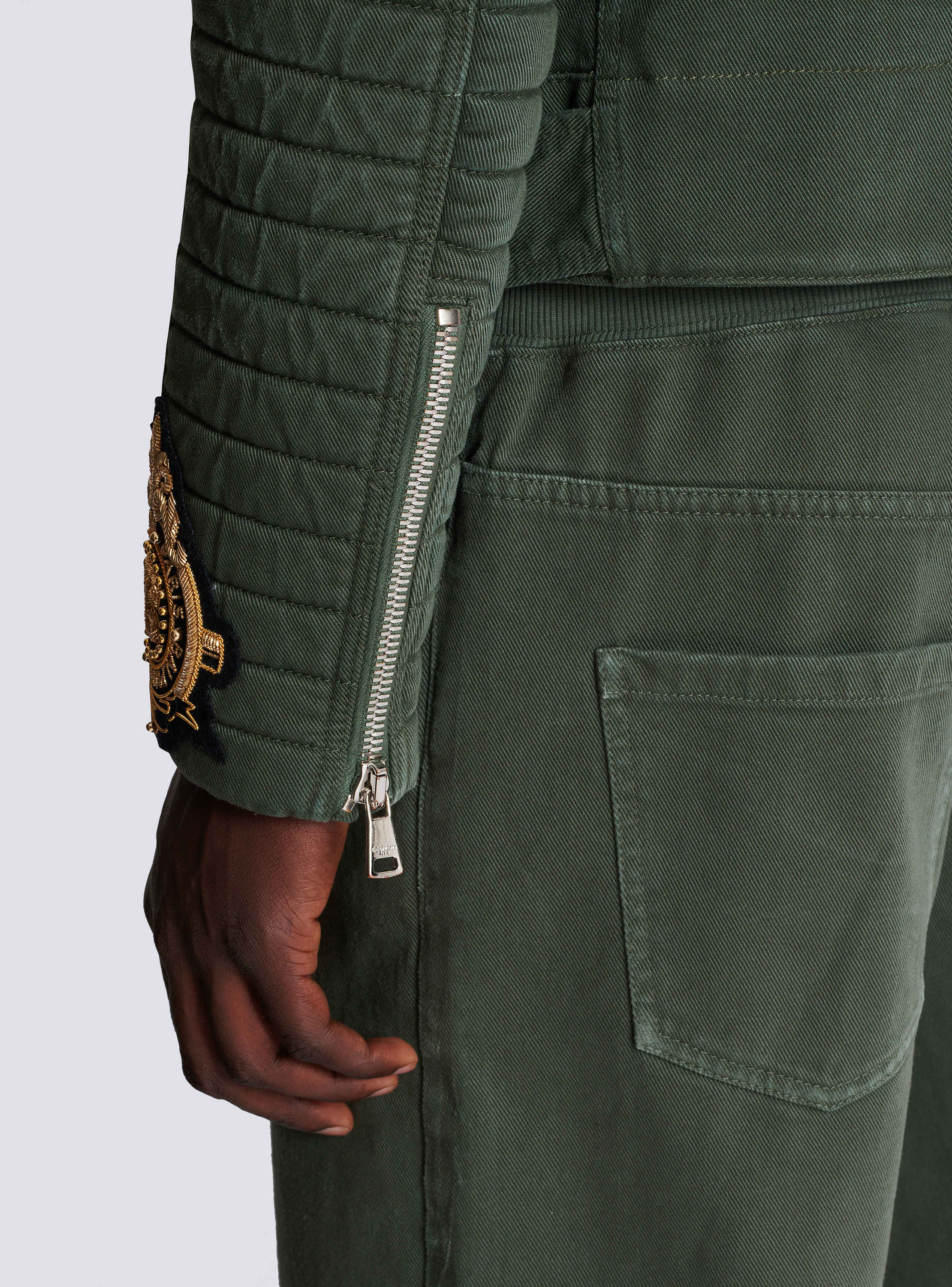 Denim biker jacket with embroidered patches