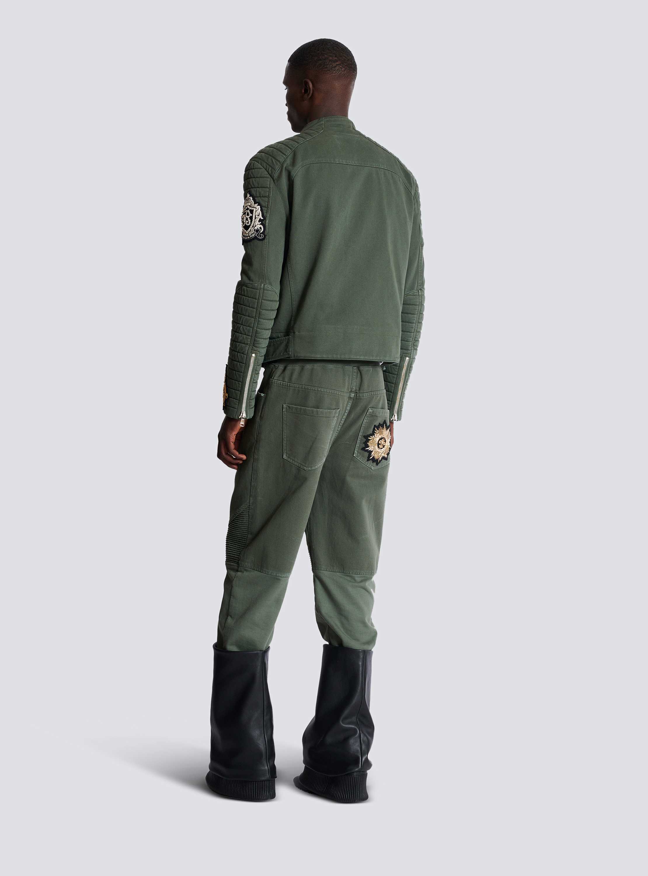 Denim biker jacket with embroidered patches khaki - Men