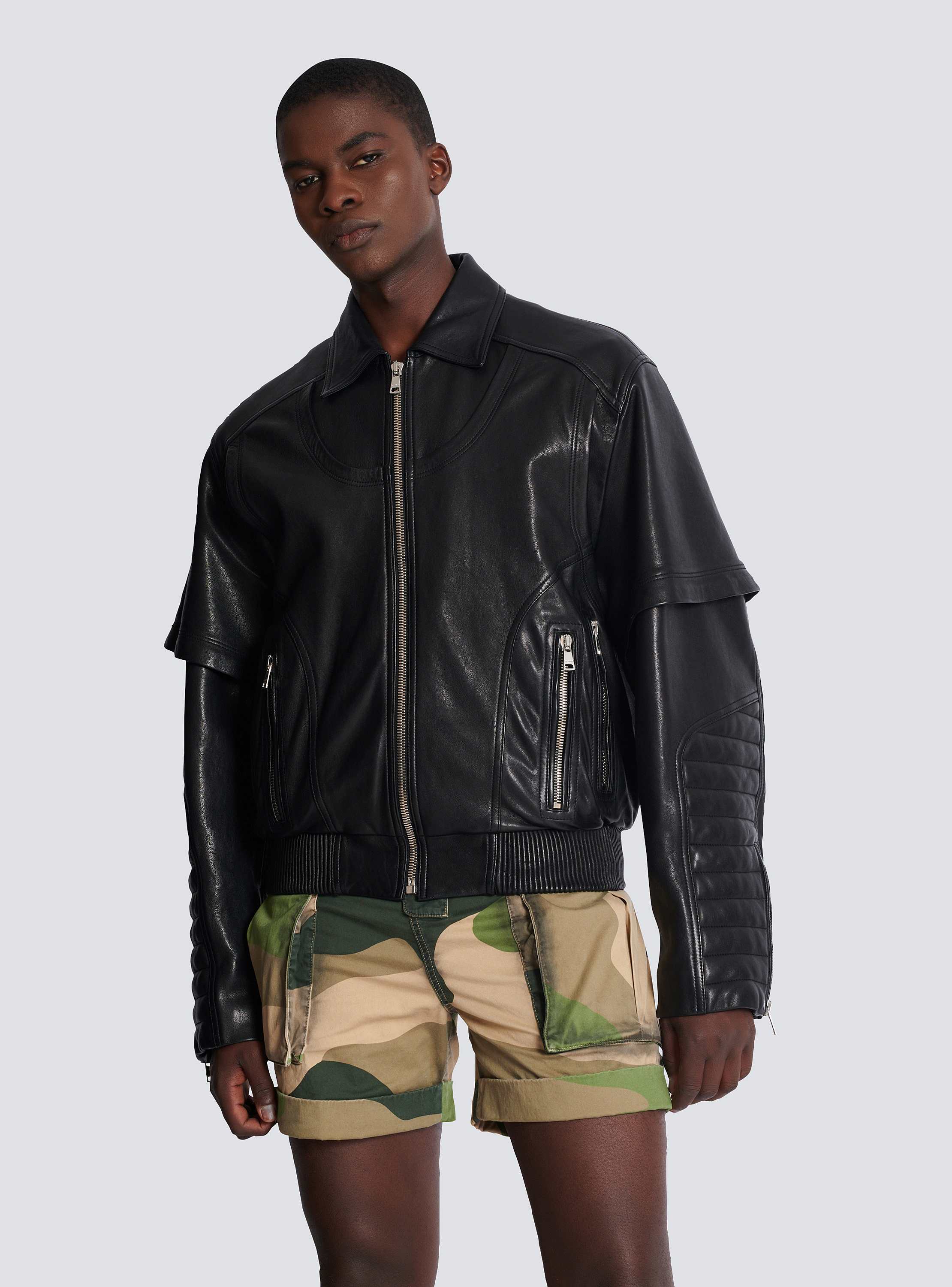 Lambskin double-breasted sleeves leather jacket