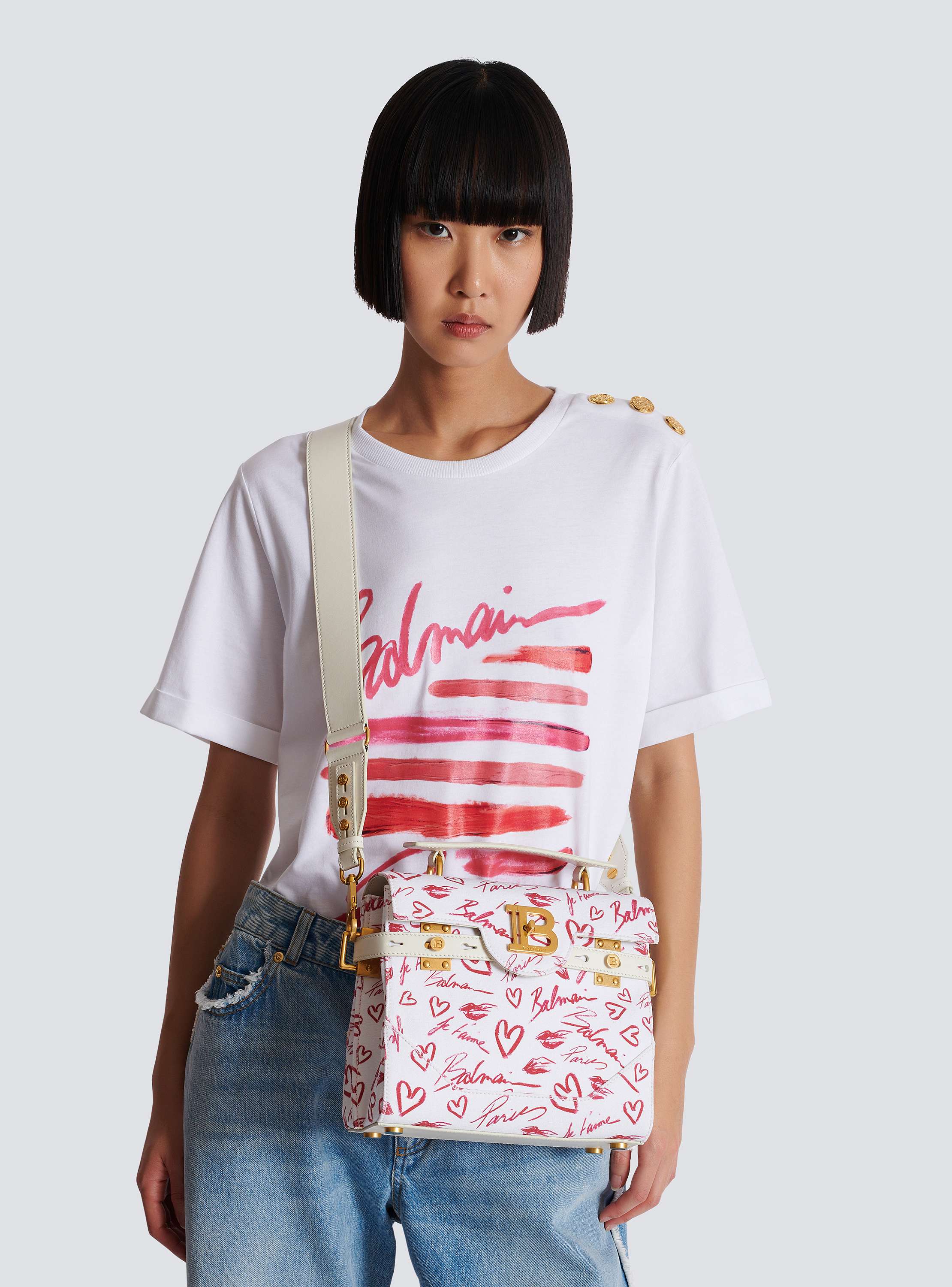B-Buzz 23 bag in Lipstick print canvas red - Women | BALMAIN