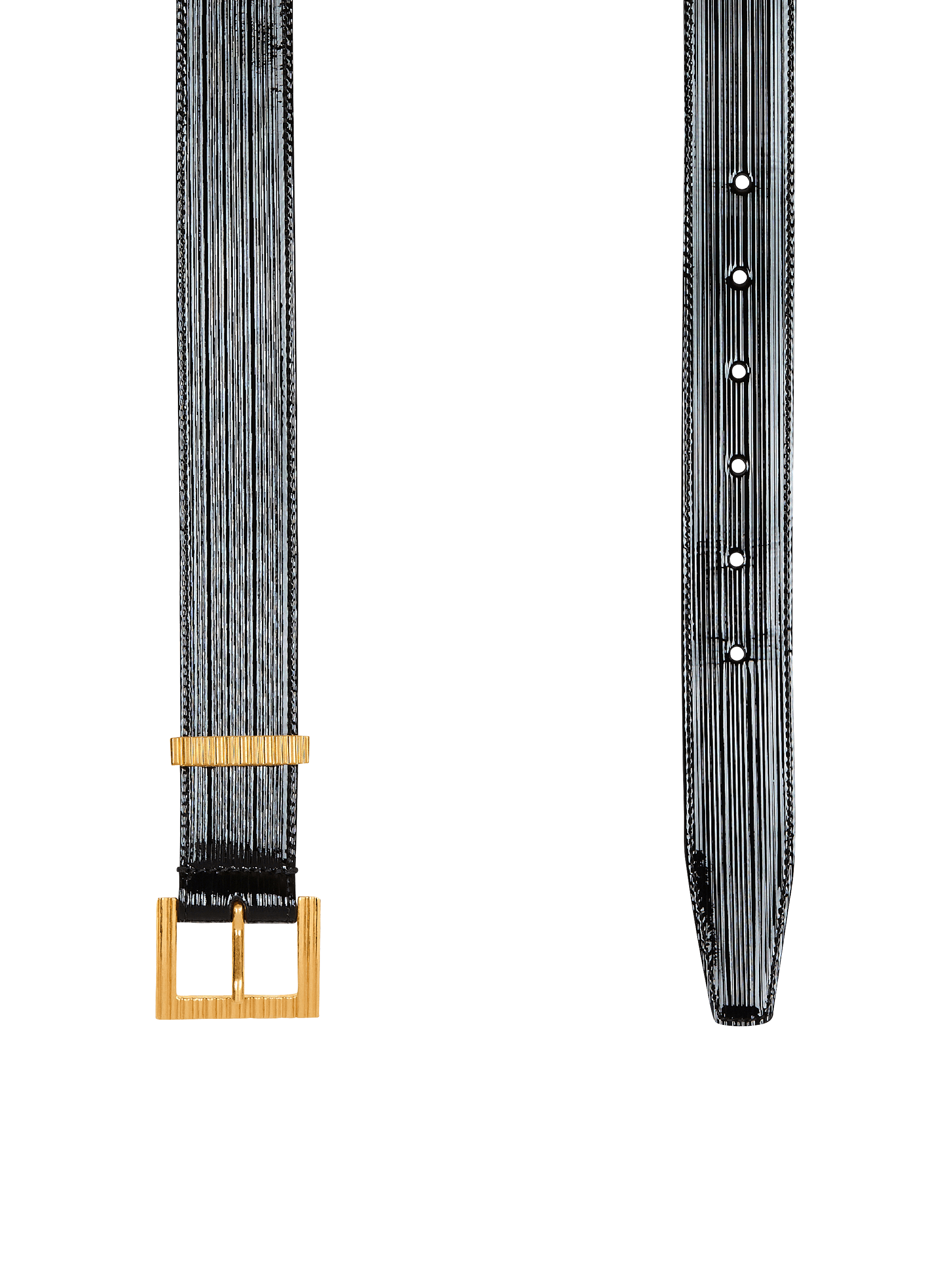 Perfume belt in striped patent leather