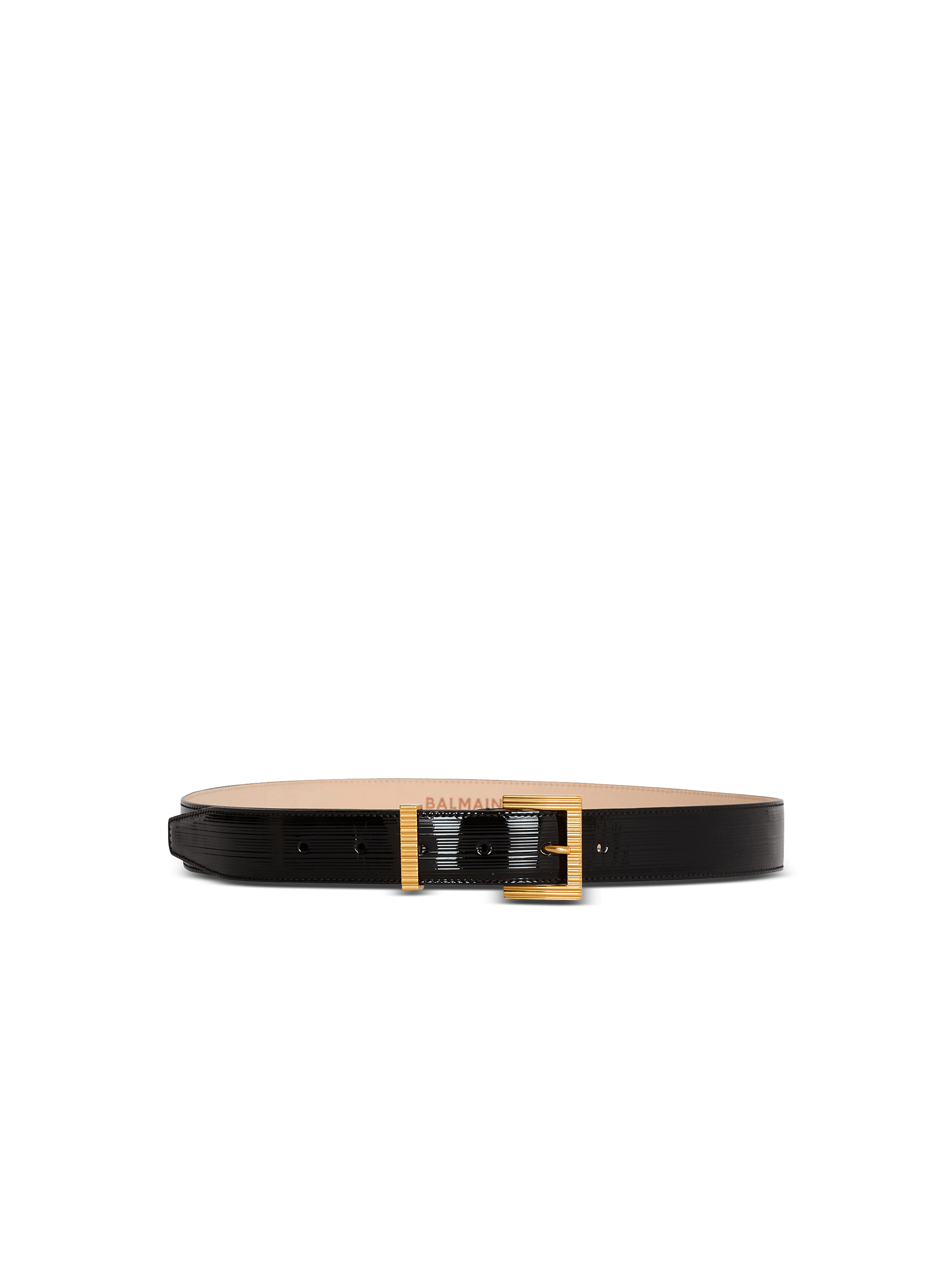 Perfume belt in striped patent leather