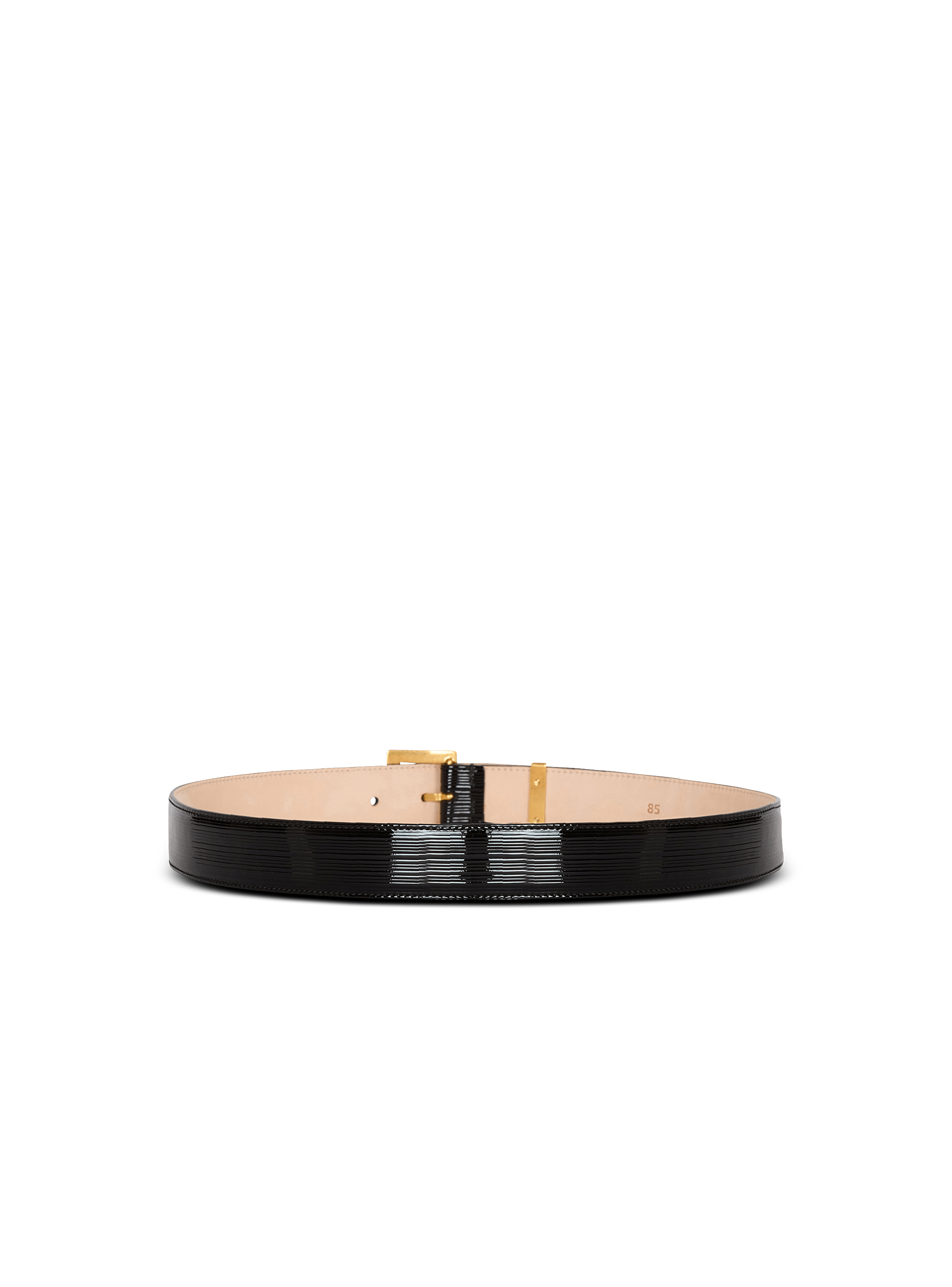 Perfume belt in striped patent leather