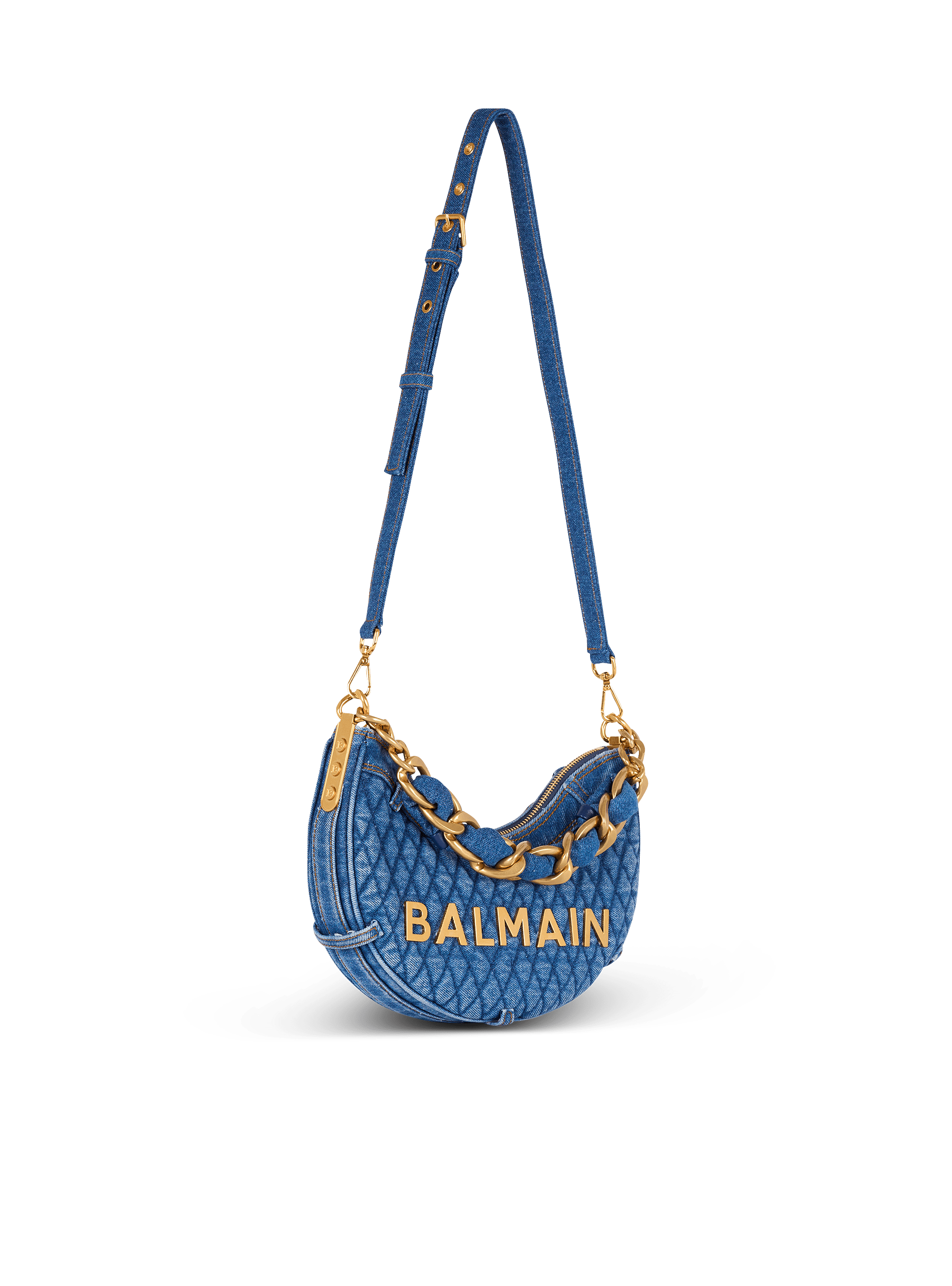 【Balmain】1945 SOFT MOON BAG-GRID QUILTED NYLON◆EN1BQ954TN 1945 Soft Moon bag in diamond-quilted denim - Women | BALMAIN