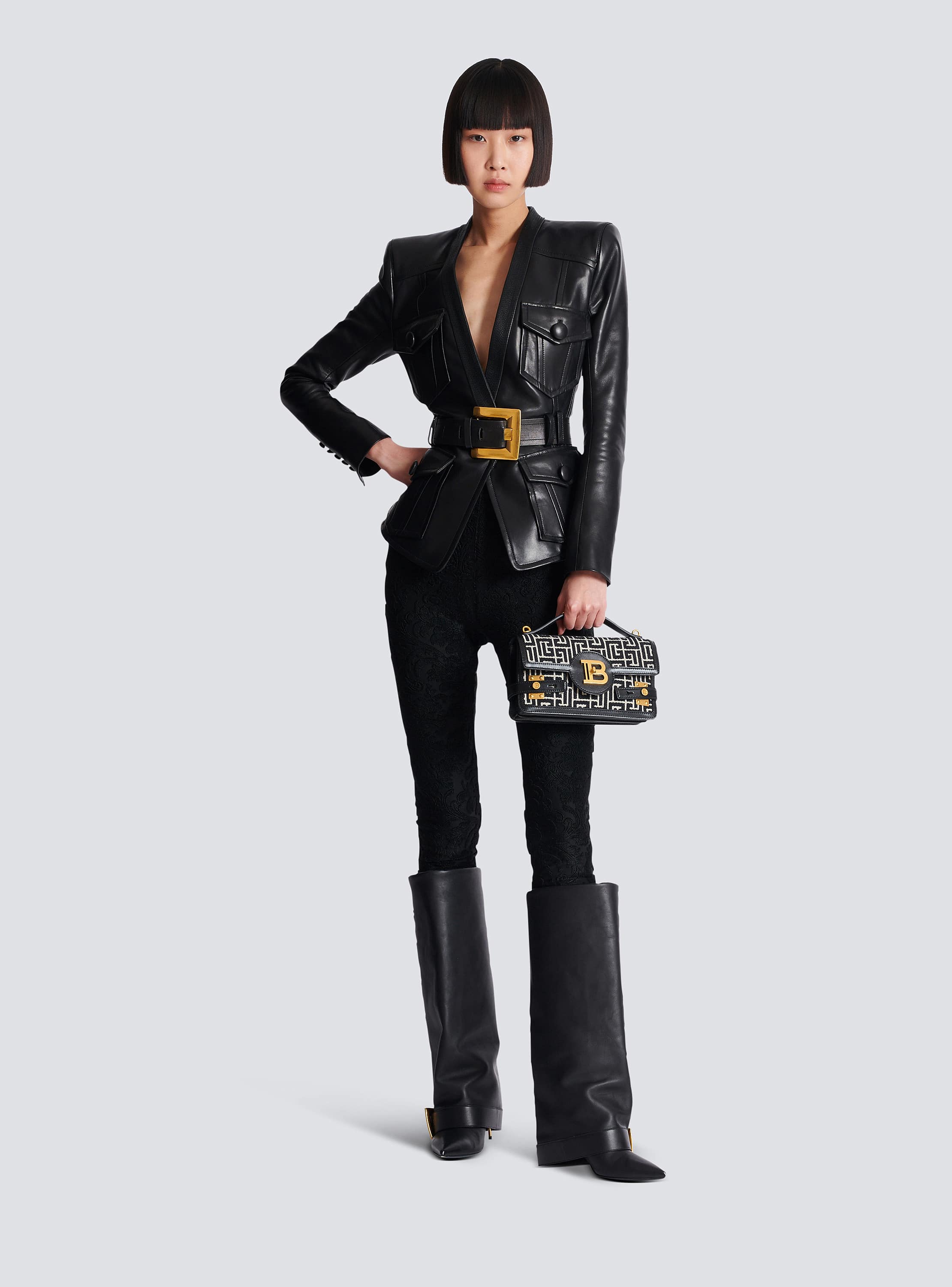 【関税＆送料込み】Balmain 'B-Buzz 24' Handbag B-Buzz Shoulder 24 bag in calfskin and PB jacquard canvas