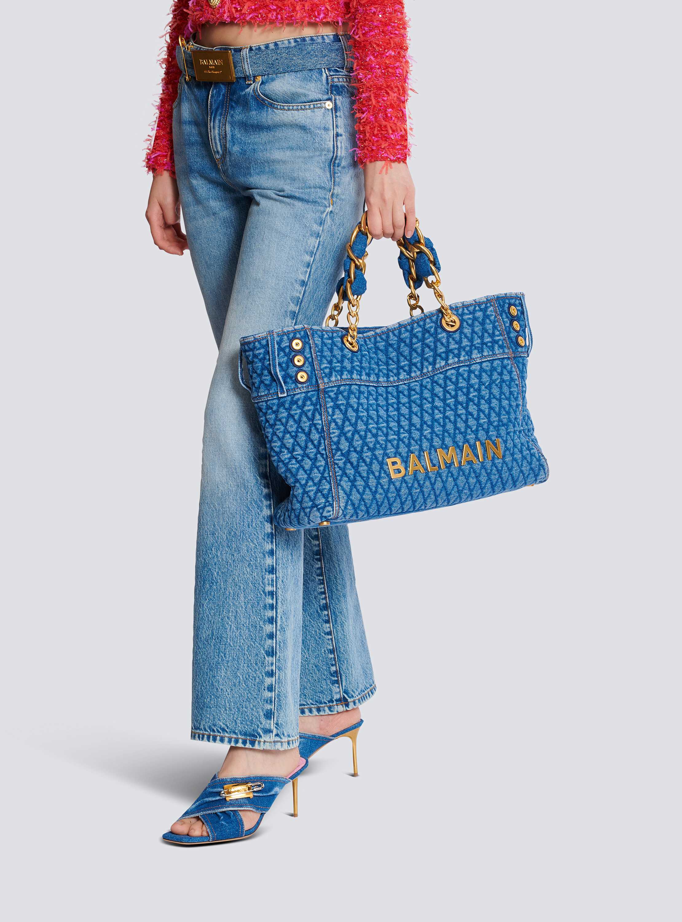 Balmain☆VIP価格 1945 ソフト ロゴ デニム トートバッグ 1945 Soft tote bag in diamond-quilted denim - Women | BALMAIN