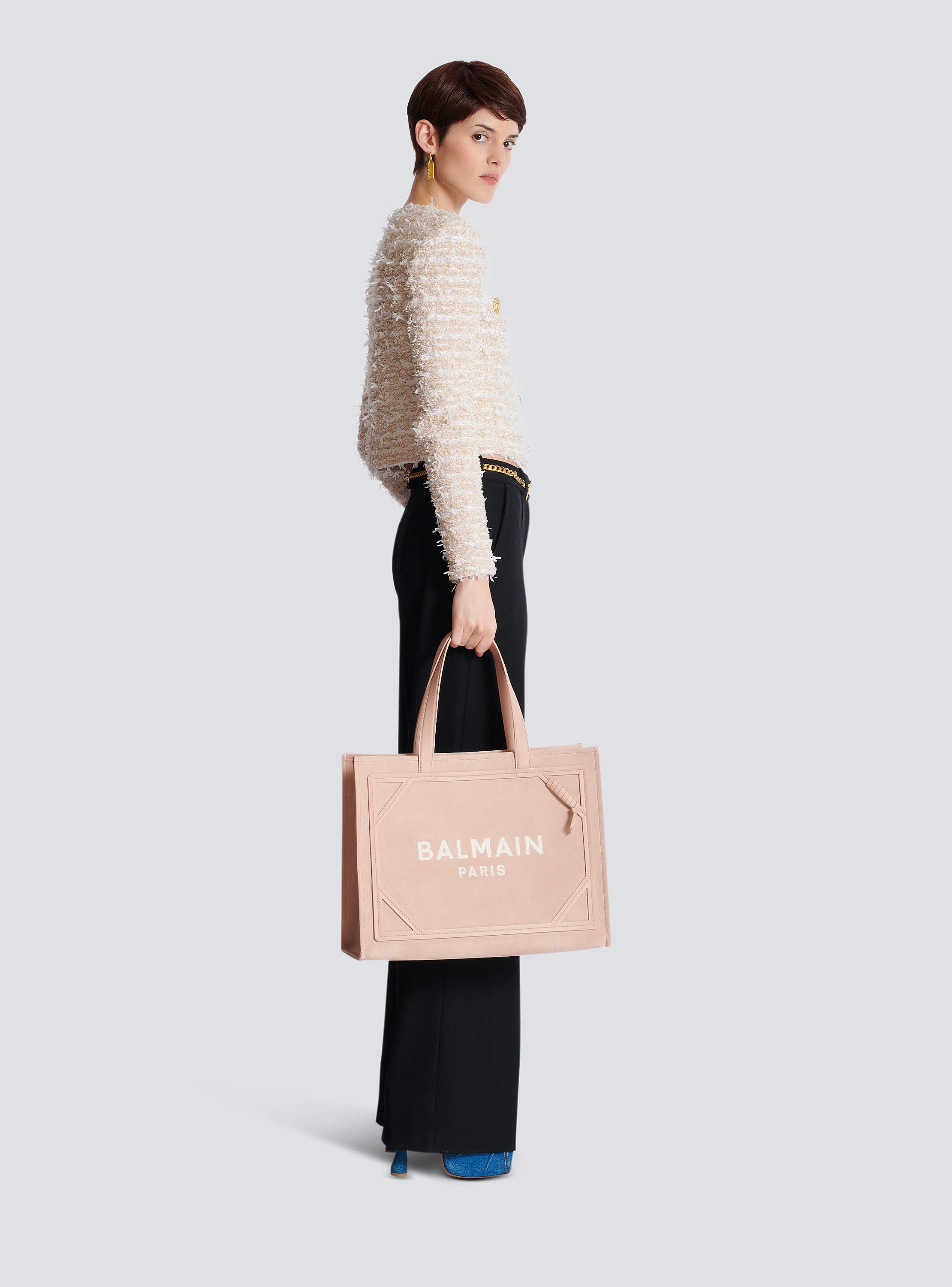 トートバッグ Balmain B-Army Medium Shopper Bag Balmain B-Army Medium Shopper Tote Bag in Raffia and Leather