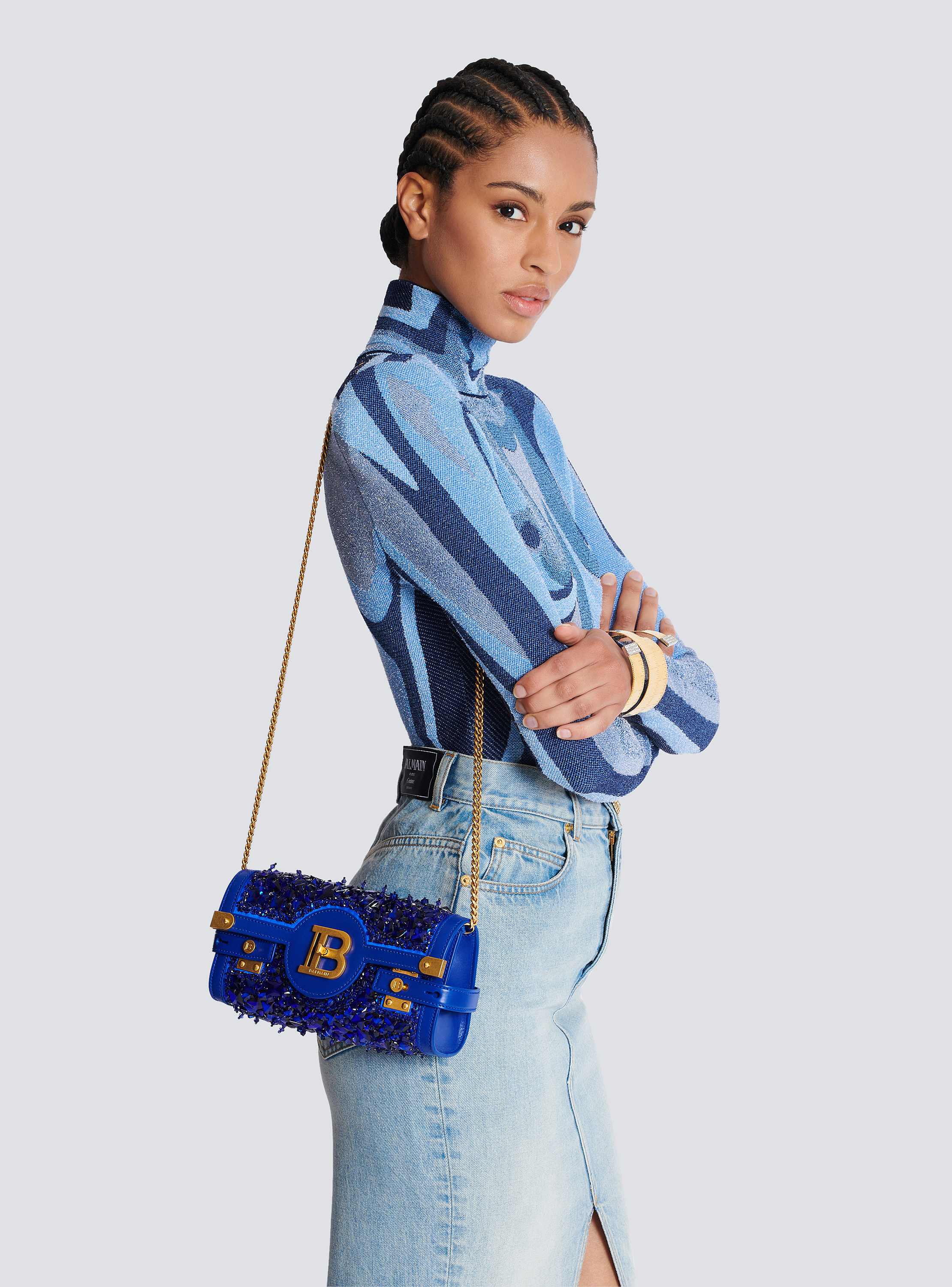 通販 and leather in 23 Pouch B-Buzz embroidered blue satin デニム/ジーンズ