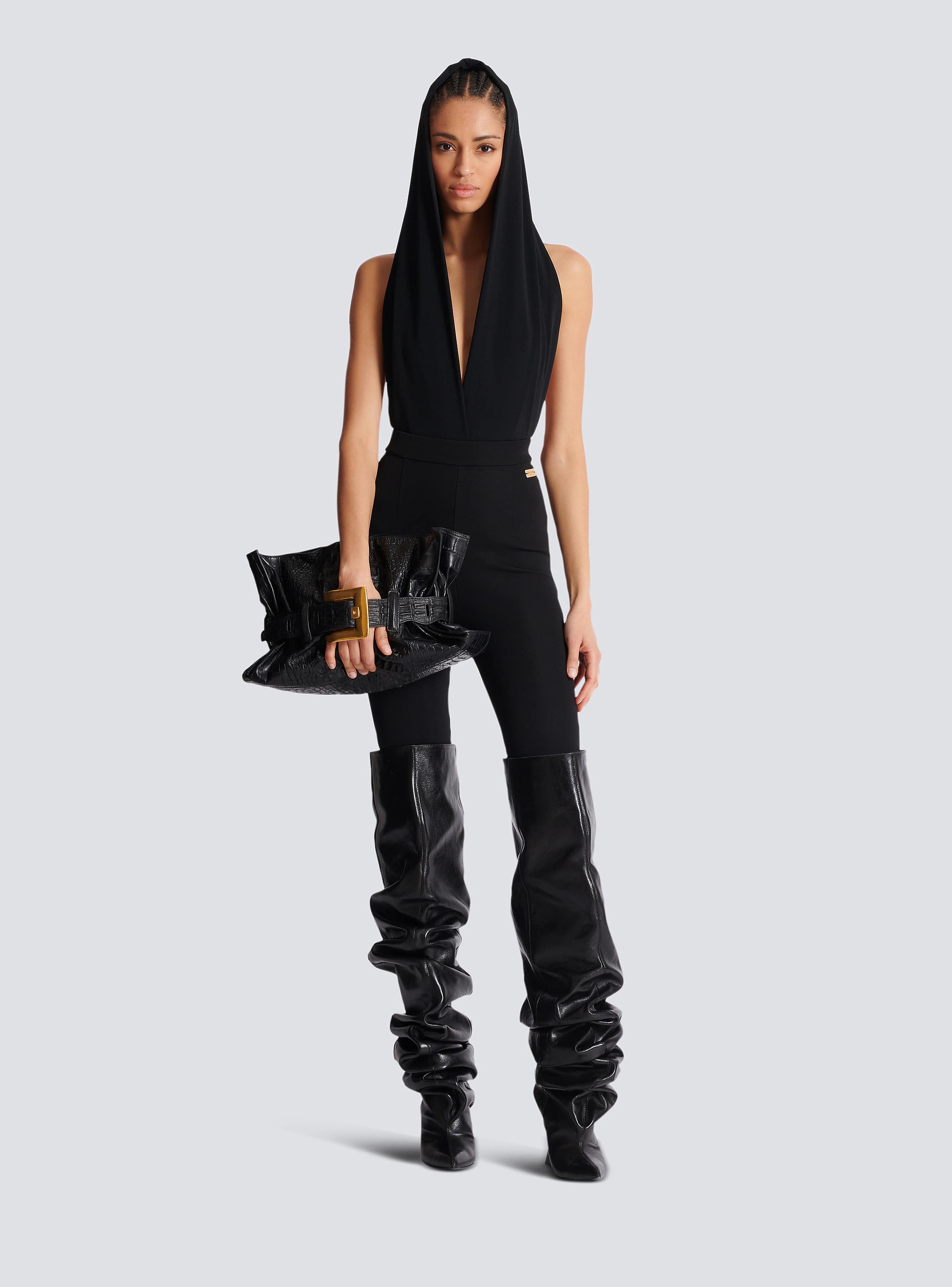 Draped bodysuit with hood