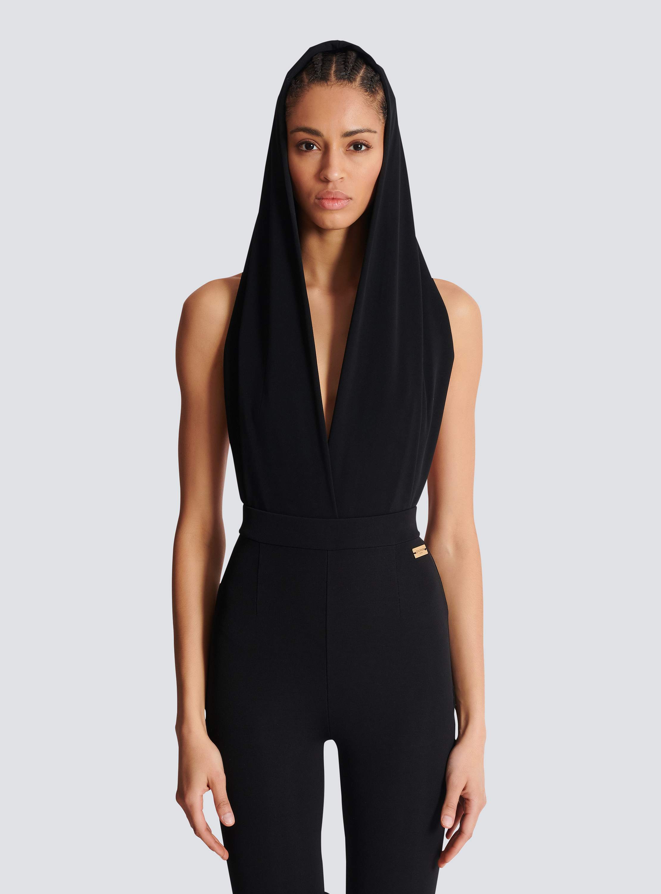 Draped bodysuit with hood