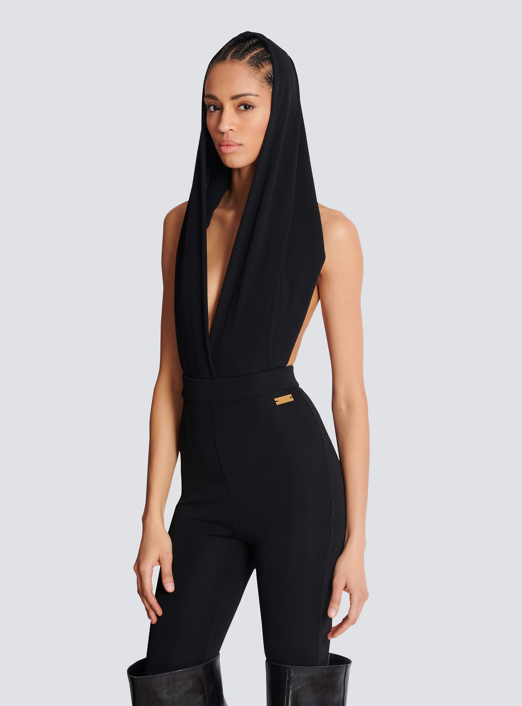 Draped bodysuit with hood