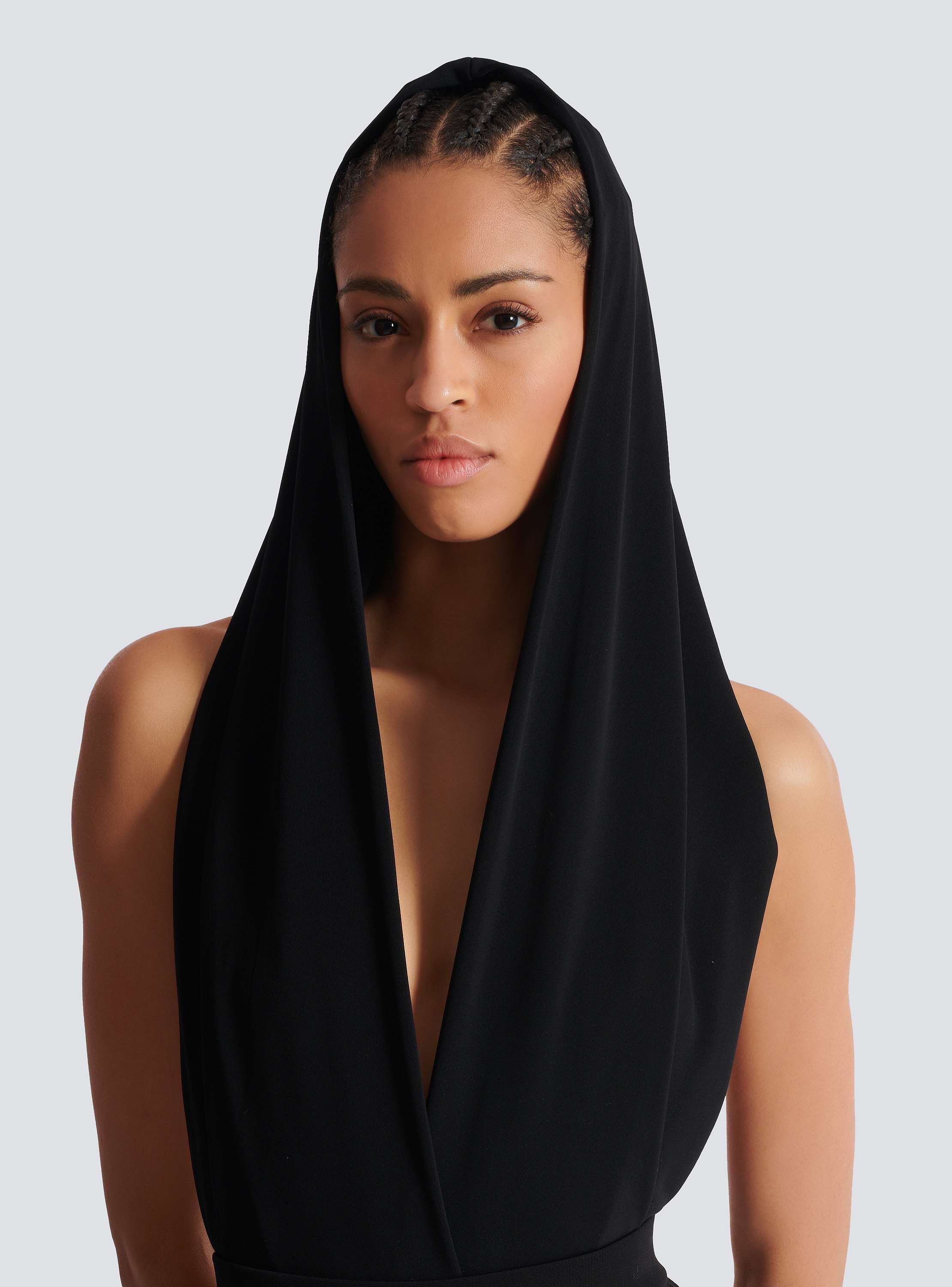 Draped bodysuit with hood